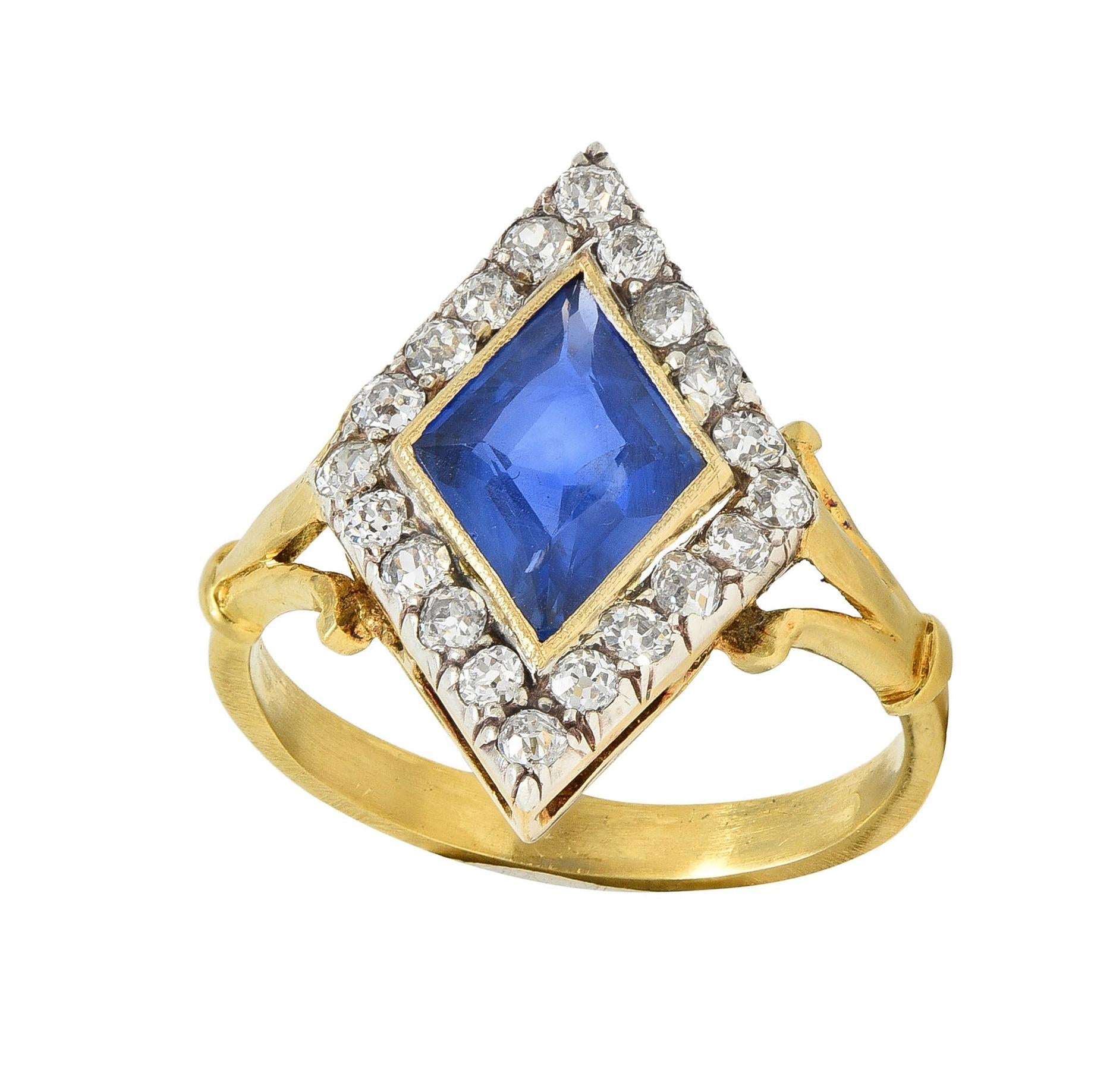 Edwardian 2.40 CTW No Heat Ceylon Sapphire Diamond Silver 18K Gold Navette Ring