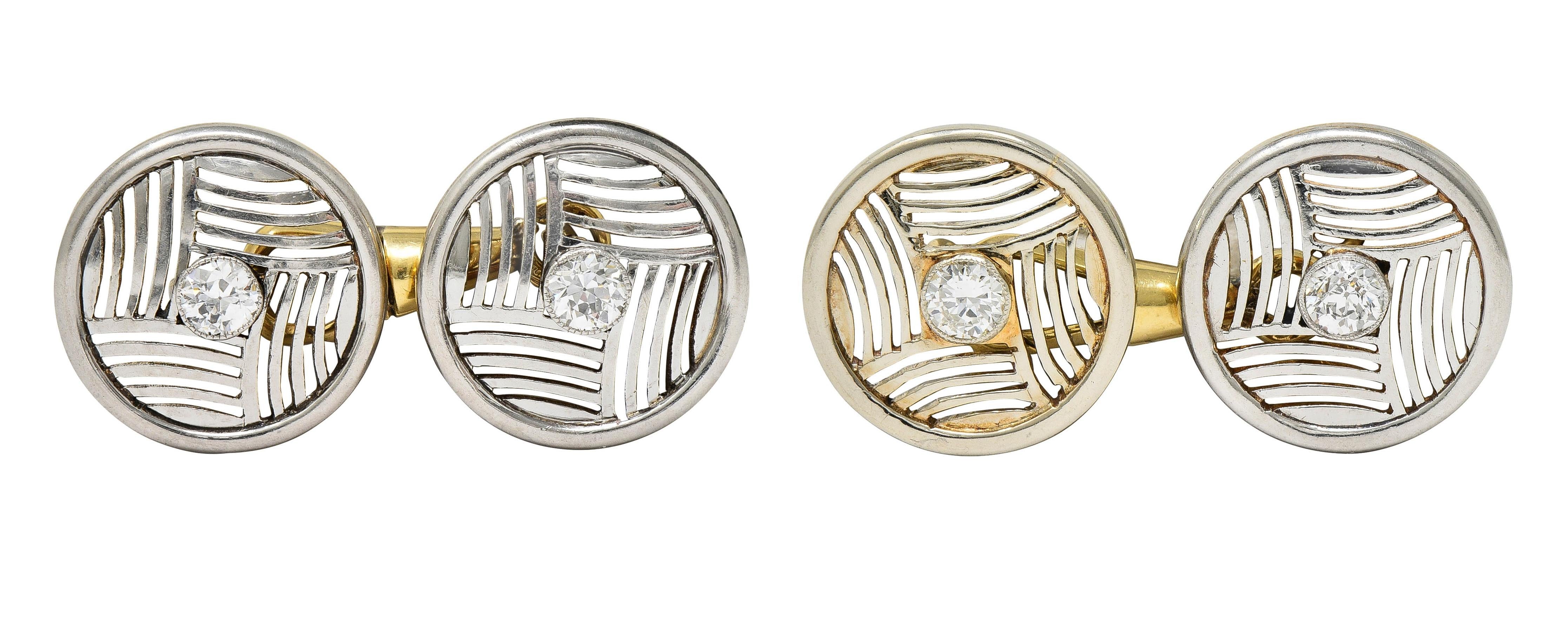 Art Deco Diamond Platinum 14 Karat Yellow Gold Antique Geometric Disk Cufflinks