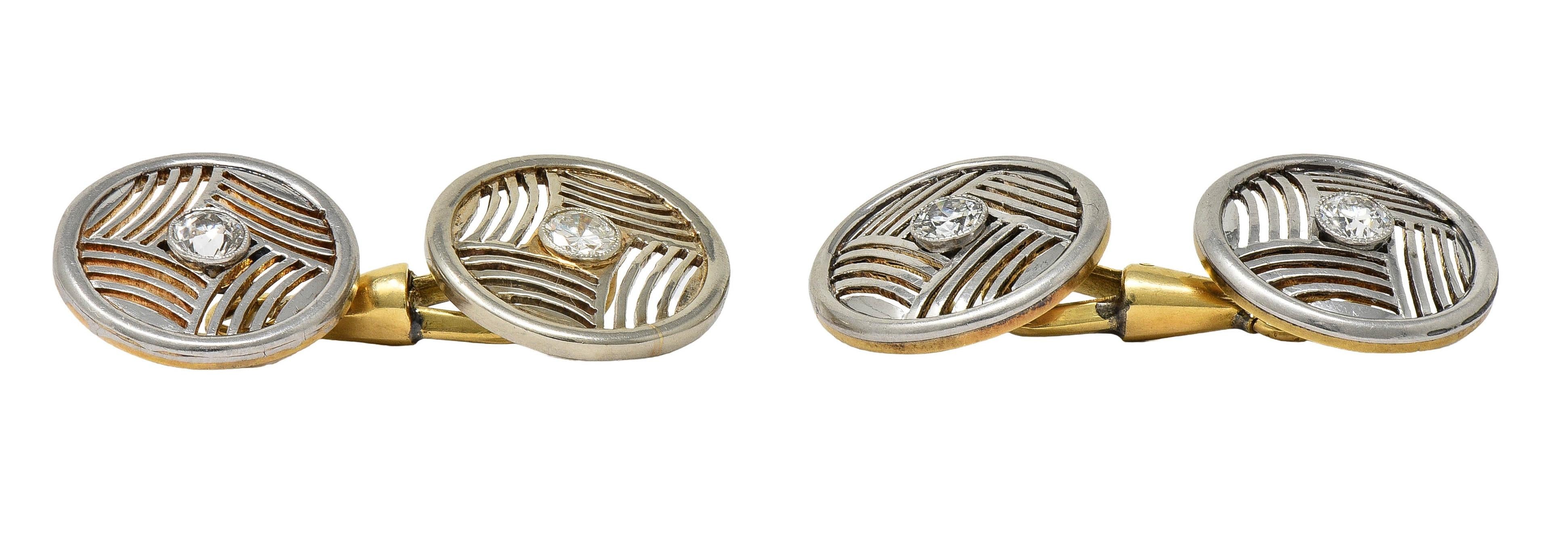 Art Deco Diamond Platinum 14 Karat Yellow Gold Antique Geometric Disk Cufflinks