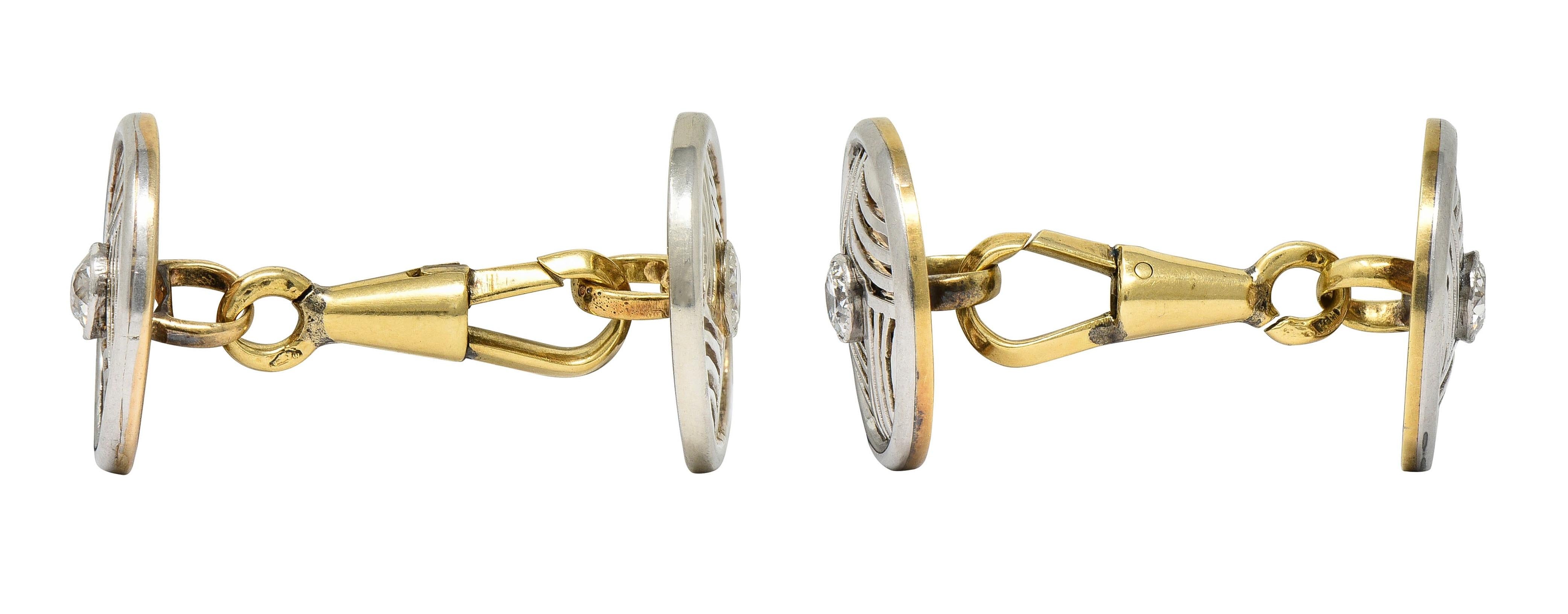 Art Deco Diamond Platinum 14 Karat Yellow Gold Antique Geometric Disk Cufflinks