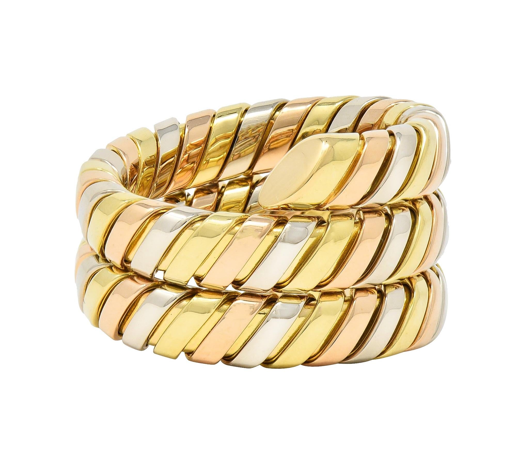 Bulgari 18 Karat Tri-Gold Vintage Tubogas Serpenti Triple Wrap Vintage Ring