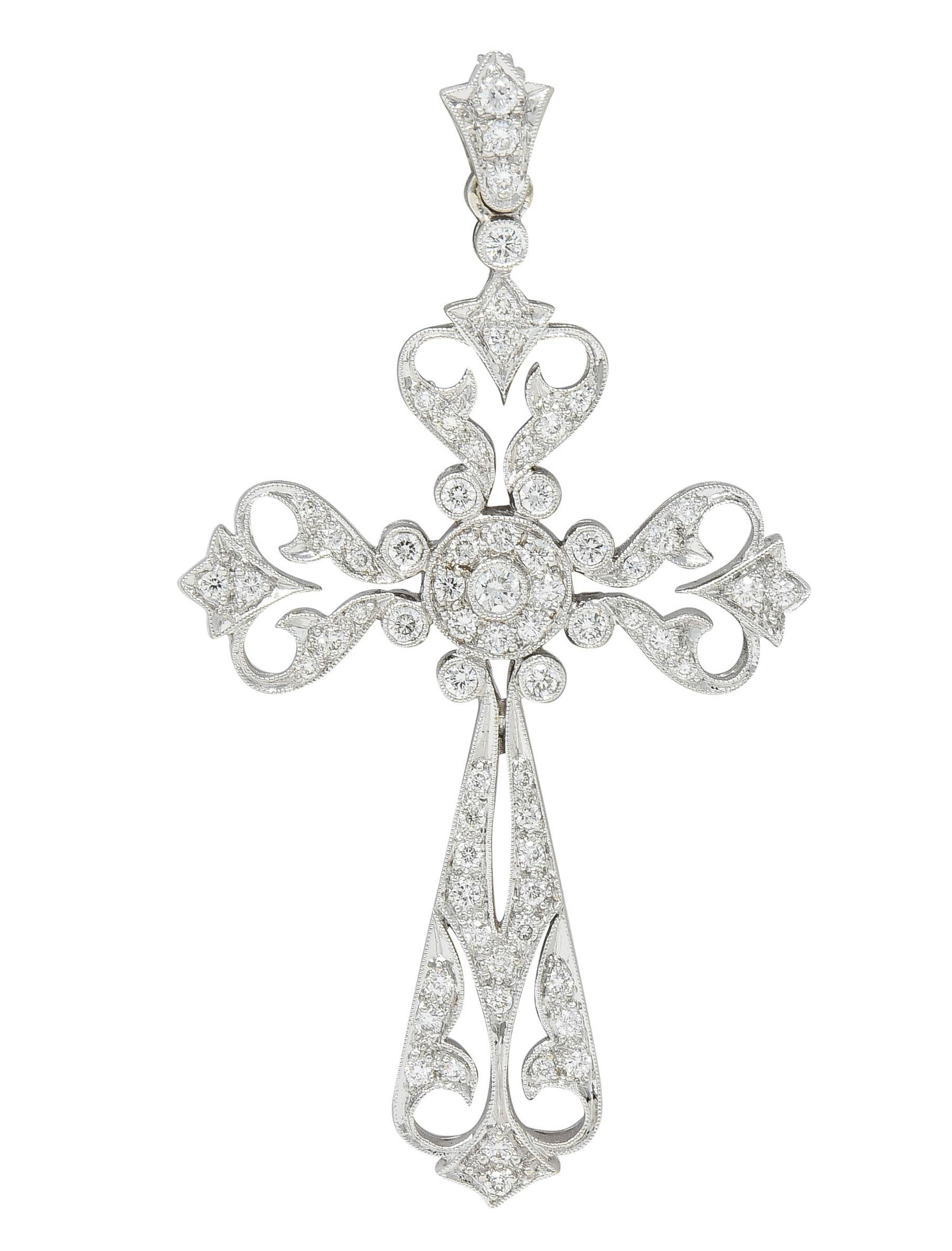 Contemporary 0.90 CTW Diamond 18 Karat White Gold Cross Enhancer Pendant