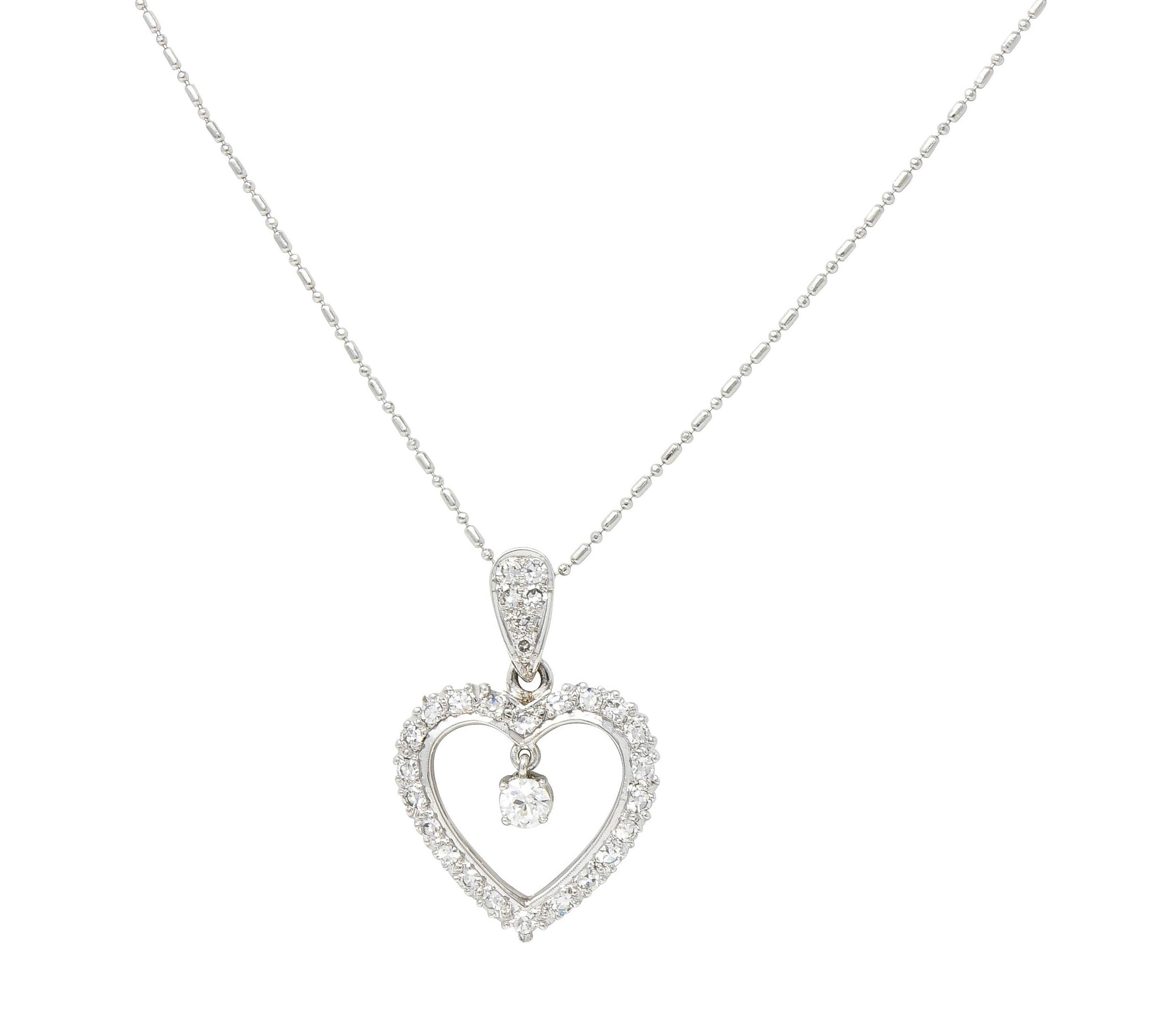 Mid-Century 1.05 CTW Diamond Platinum Vintage Heart Pendant Necklace