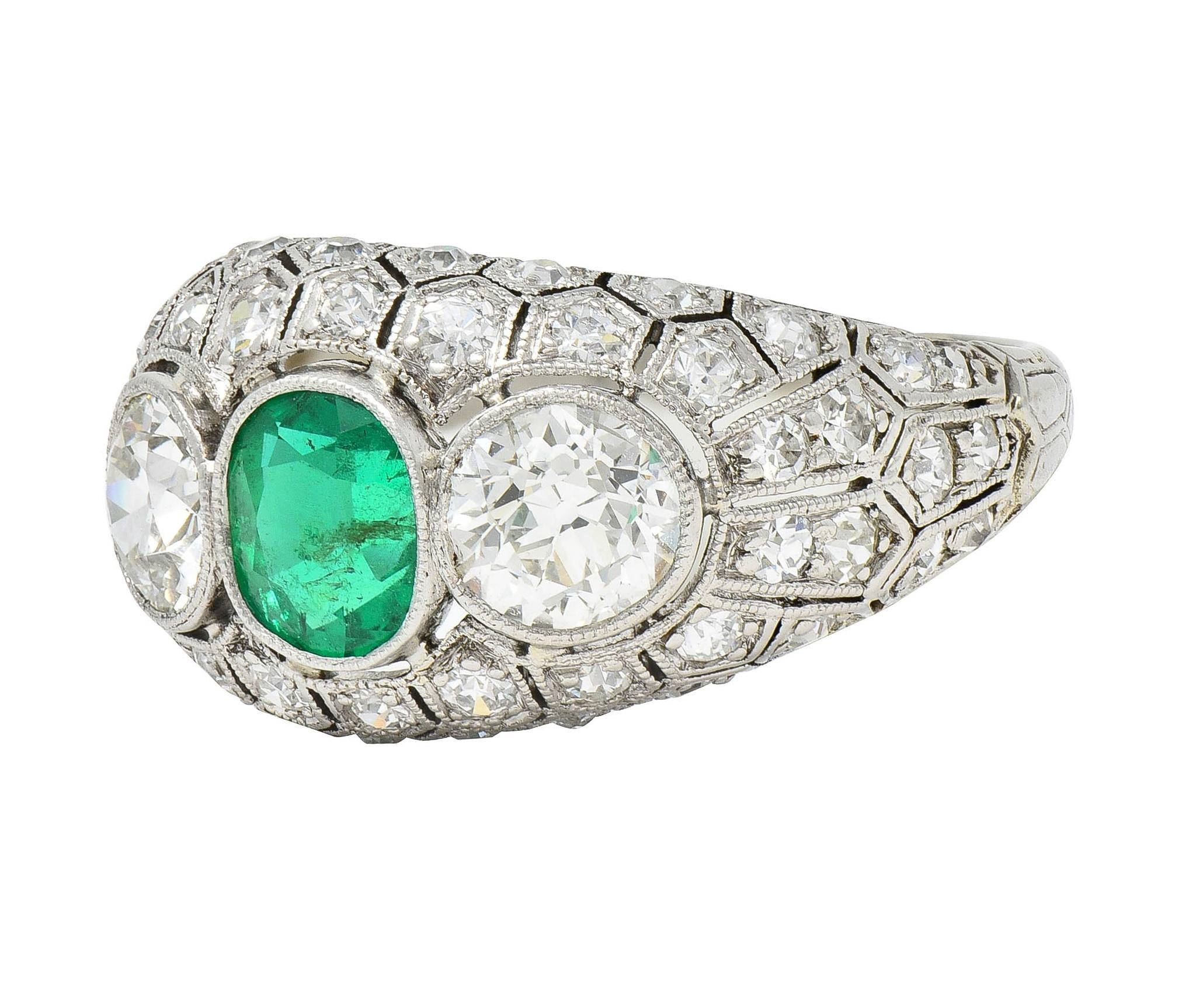 Art Deco 2.49 CTW Emerald Diamond Platinum Three Stone Antique Bombé Ring