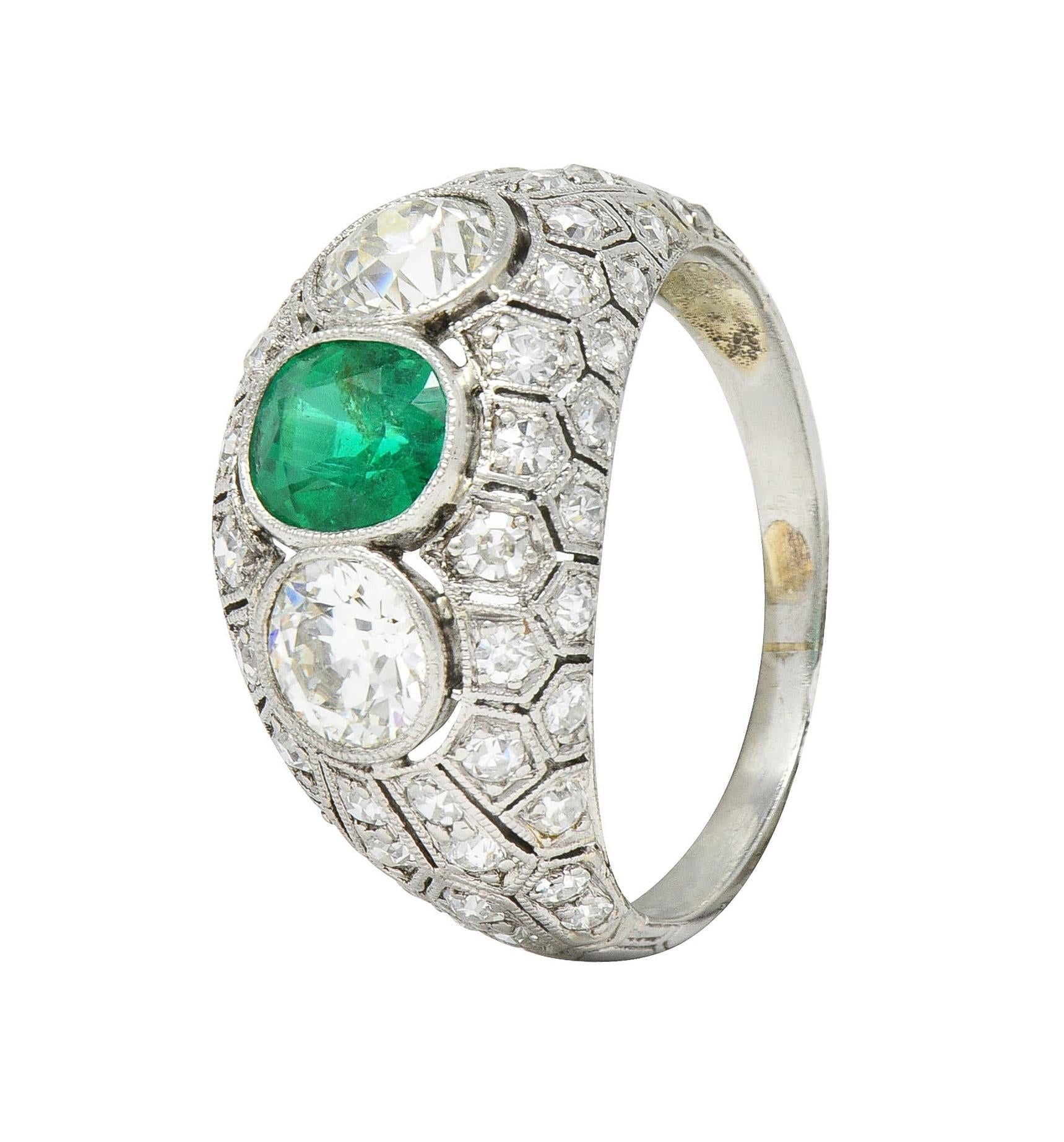 Art Deco 2.49 CTW Emerald Diamond Platinum Three Stone Antique Bombé Ring