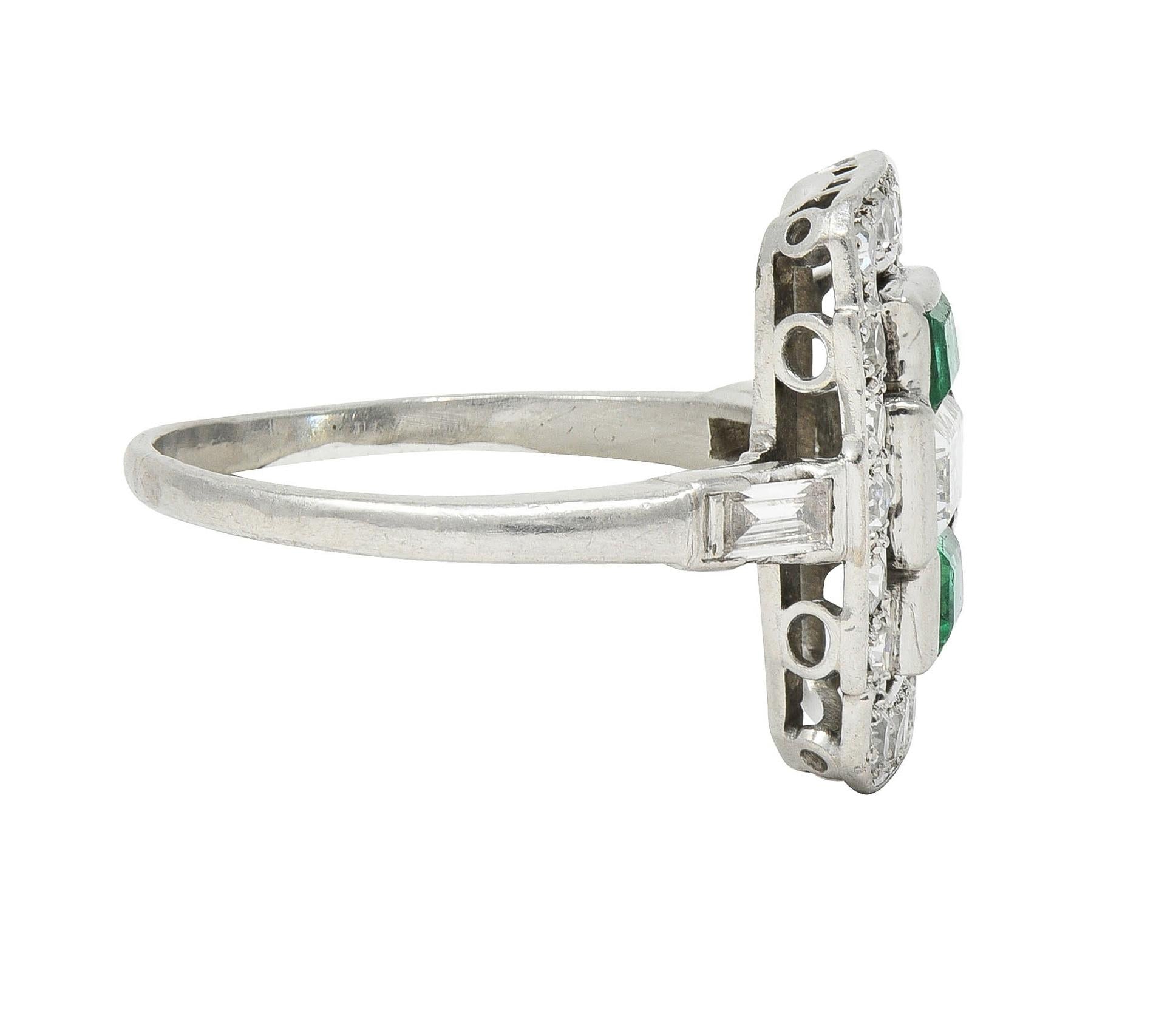 Art Deco 1.50 CTW Emerald Diamond Platinum Vintage Cluster Dinner Ring