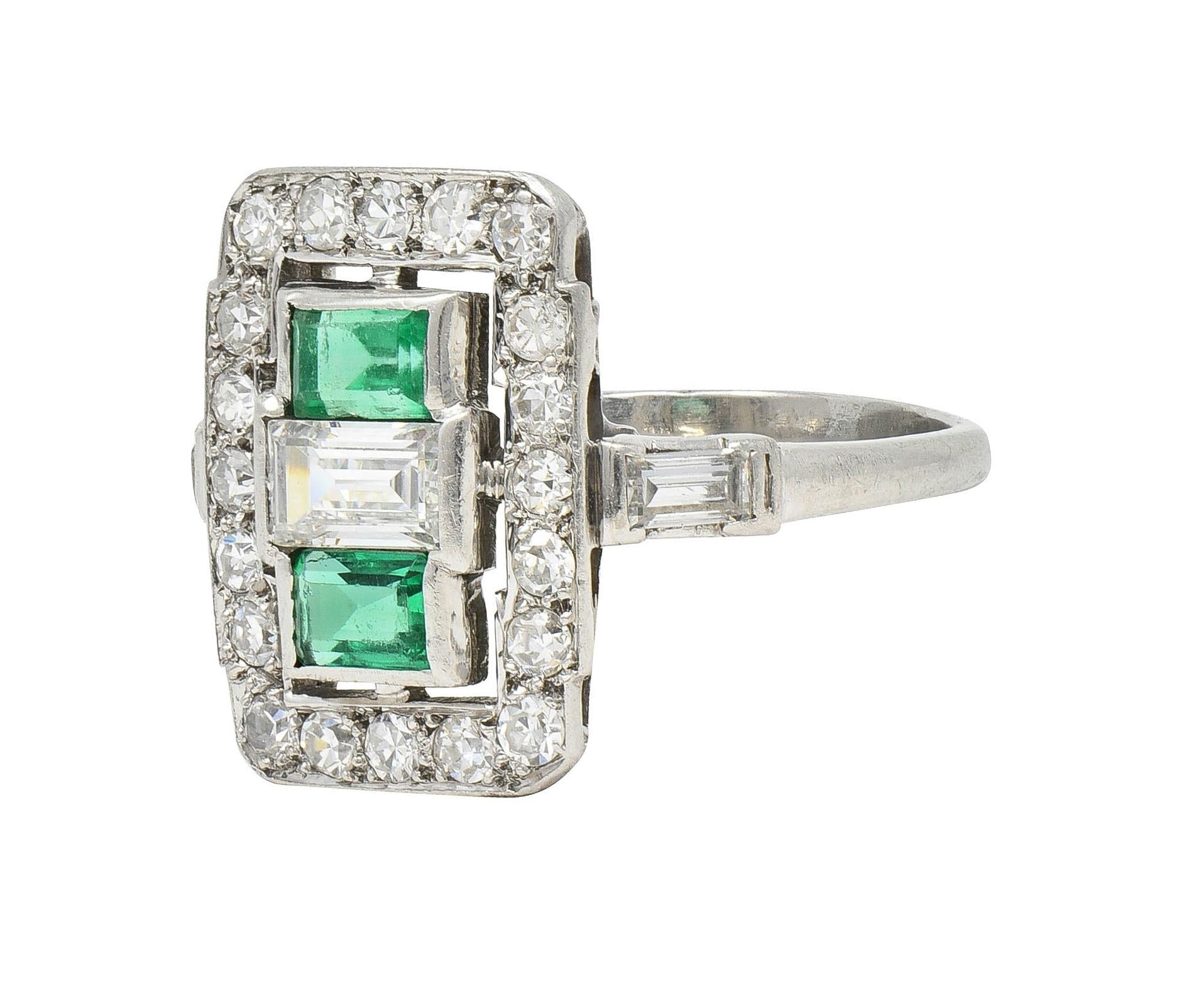 Art Deco 1.50 CTW Emerald Diamond Platinum Vintage Cluster Dinner Ring