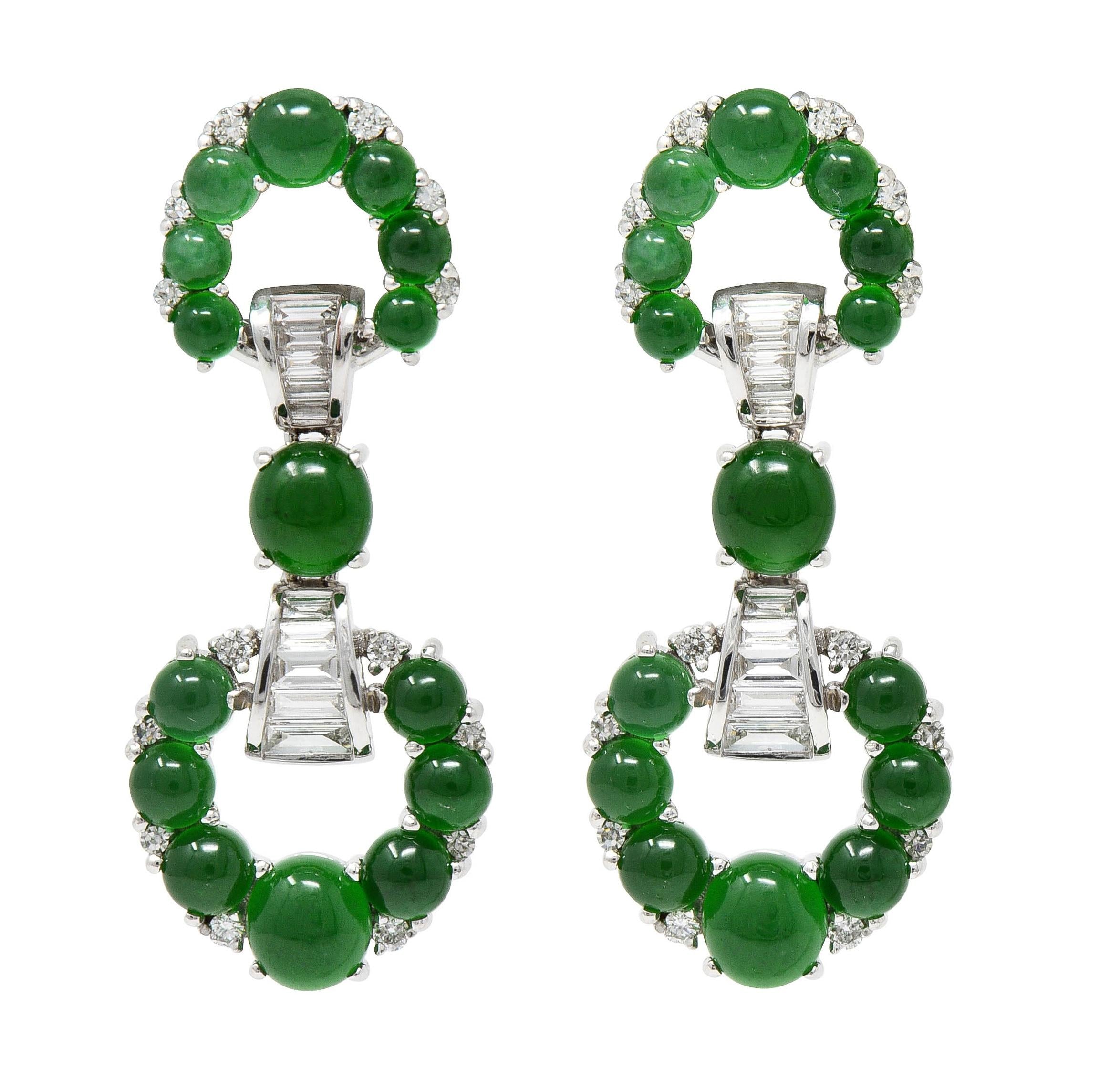 Contemporary Round Brilliant Cut Diamond Jade 18 Karat White Gold Drop Earrings