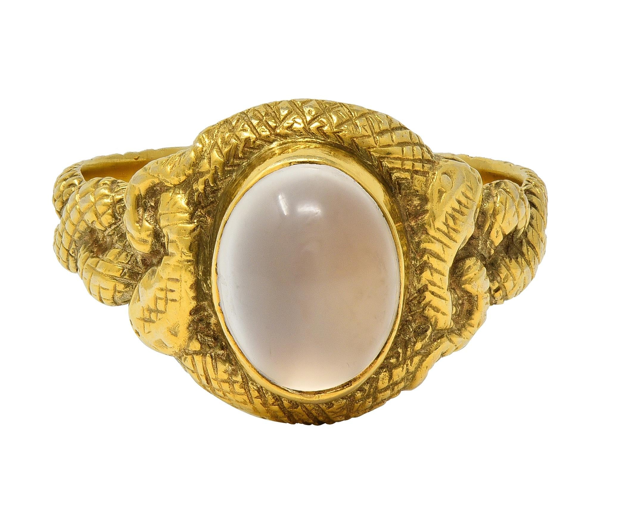 Victorian Moonstone Cabochon 14 Karat Yellow Gold Antique Snake Unisex Ring