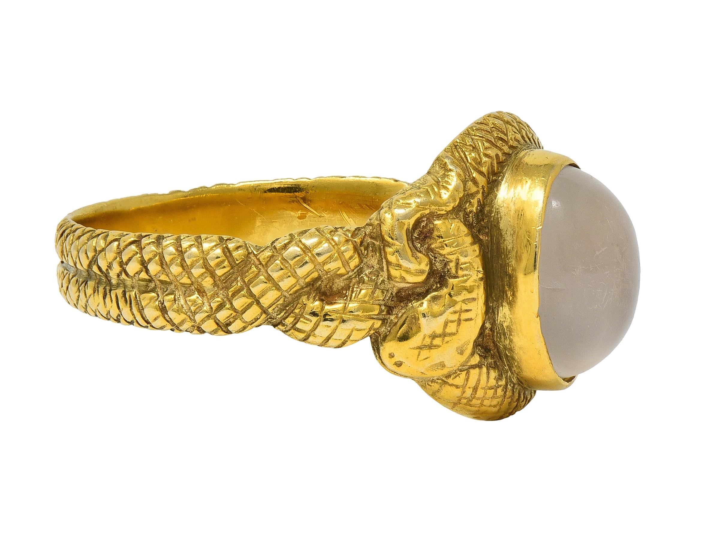 Victorian Moonstone Cabochon 14 Karat Yellow Gold Antique Snake Unisex Ring