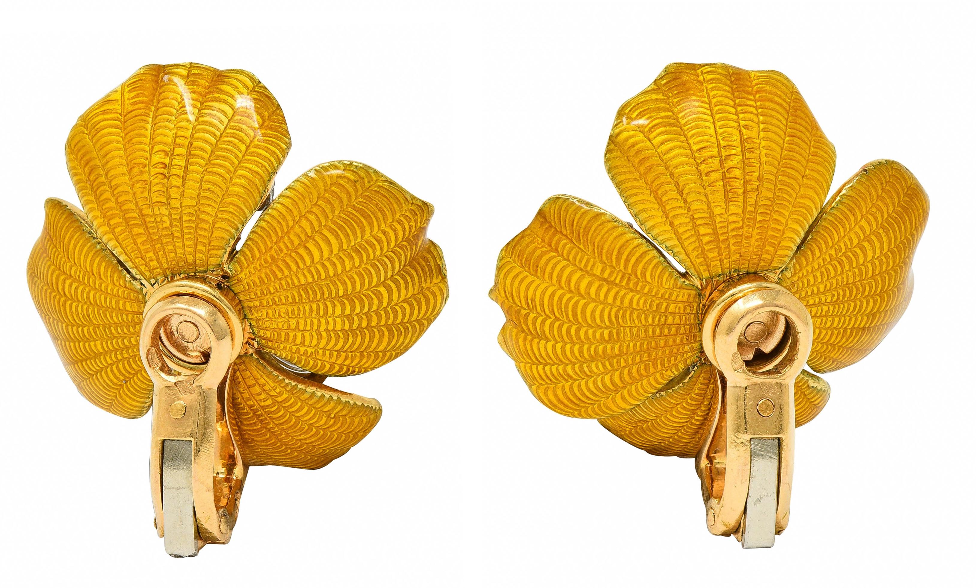 Boucheron Diamond Enamel Platinum 18K Gold Vintage Flower Ear-Clip Earrings