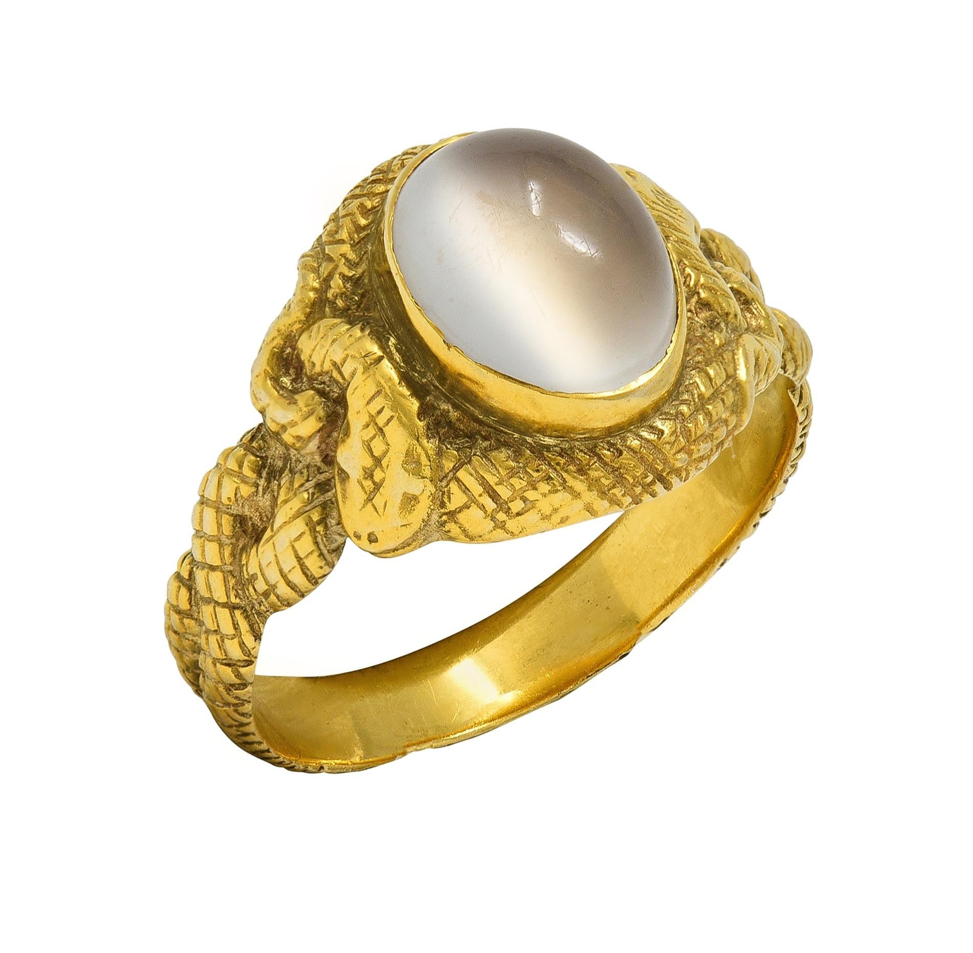 Victorian Moonstone Cabochon 14 Karat Yellow Gold Antique Snake Unisex Ring