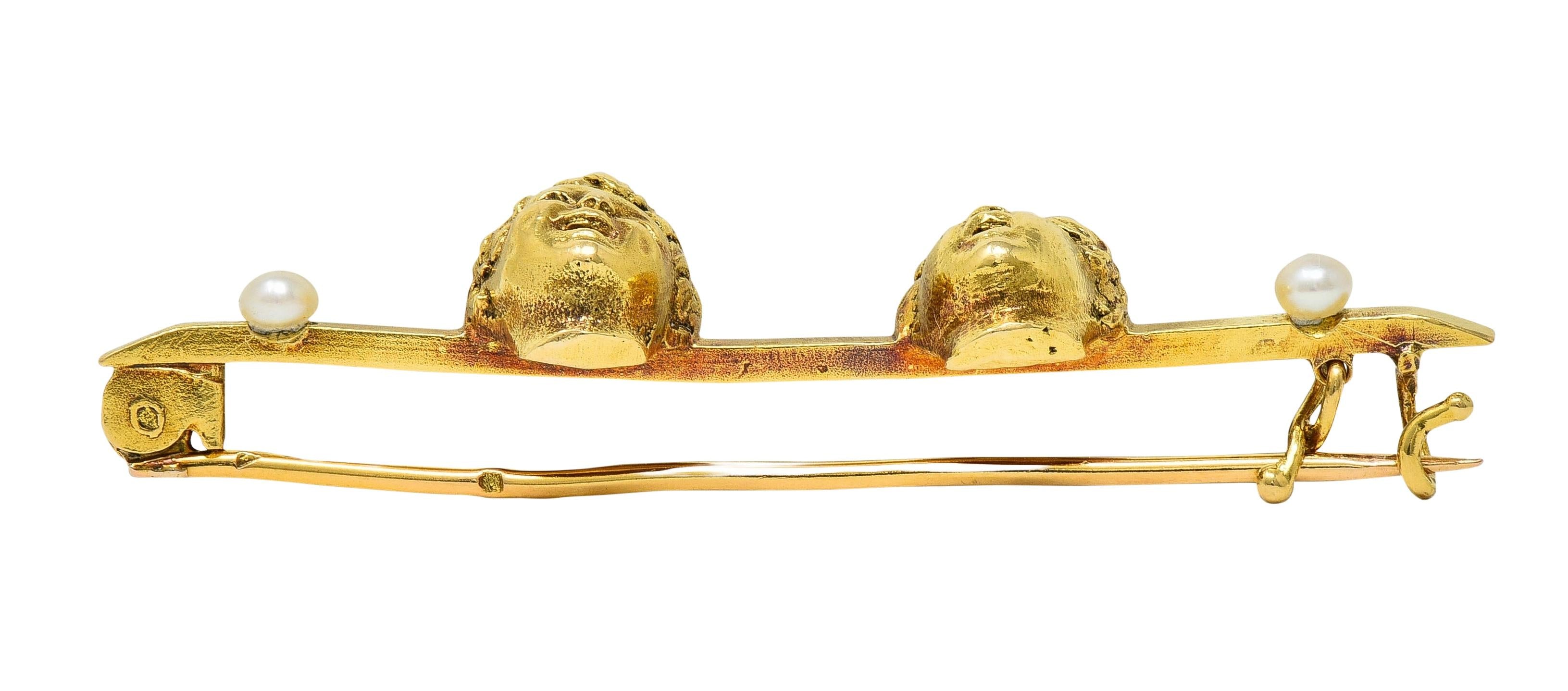 French Pearl 18 Karat Yellow Gold Comedy Tragedy Vintage Unisex Bar Brooch