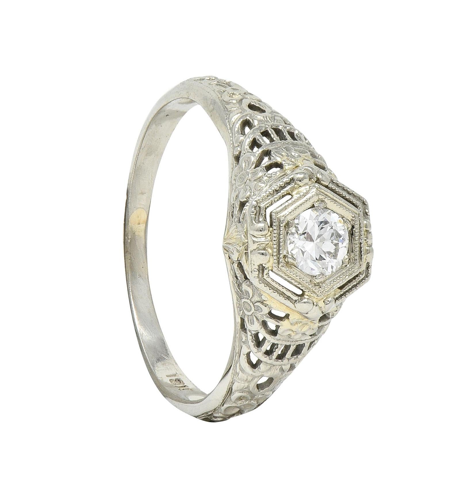 Art Deco Old European Cut Diamond 18 Karat White Gold Antique Engagement Ring