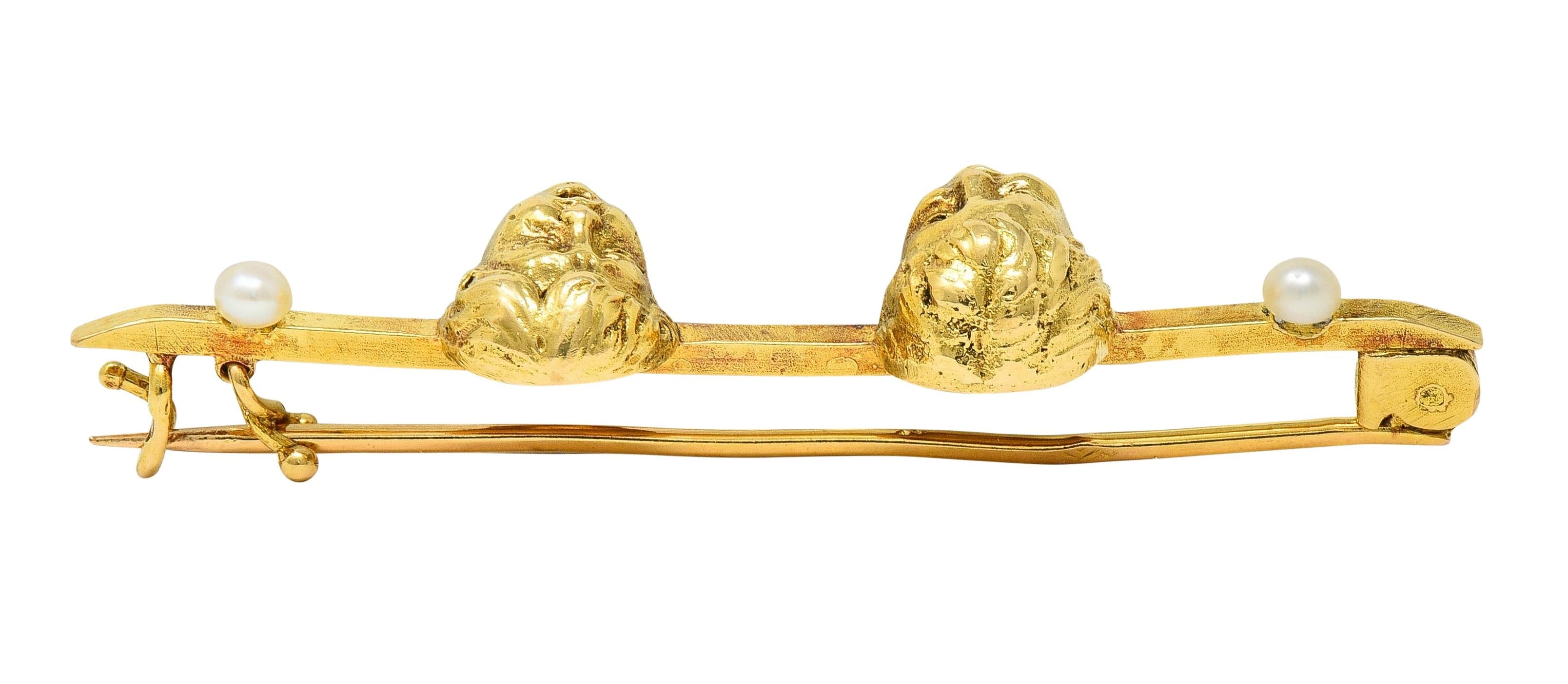 French Pearl 18 Karat Yellow Gold Comedy Tragedy Vintage Unisex Bar Brooch