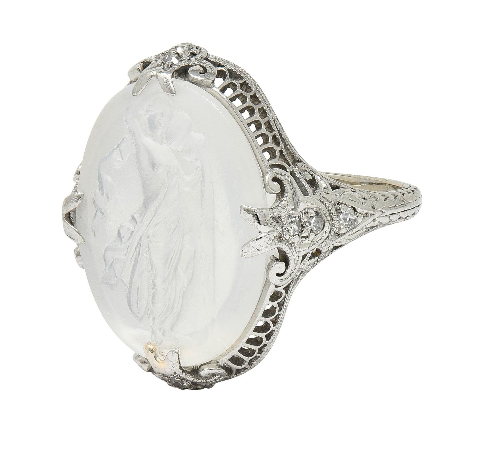 Edwardian Moonstone Diamond Platinum Antique Carved Venus Intaglio Ring