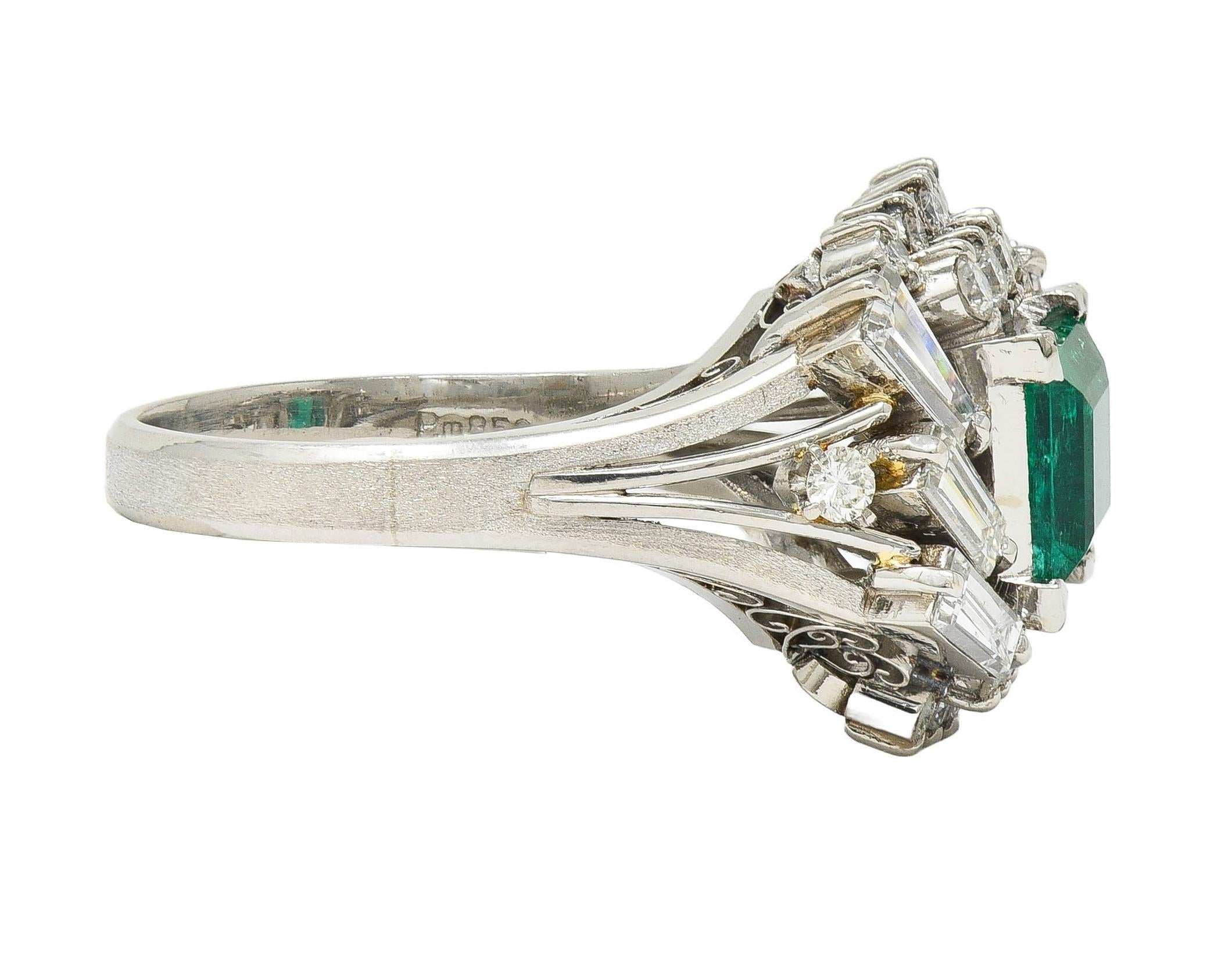 Mid-Century 2.79 CTW Colombian Emerald Diamond Platinum Vintage Cluster Ring GIA