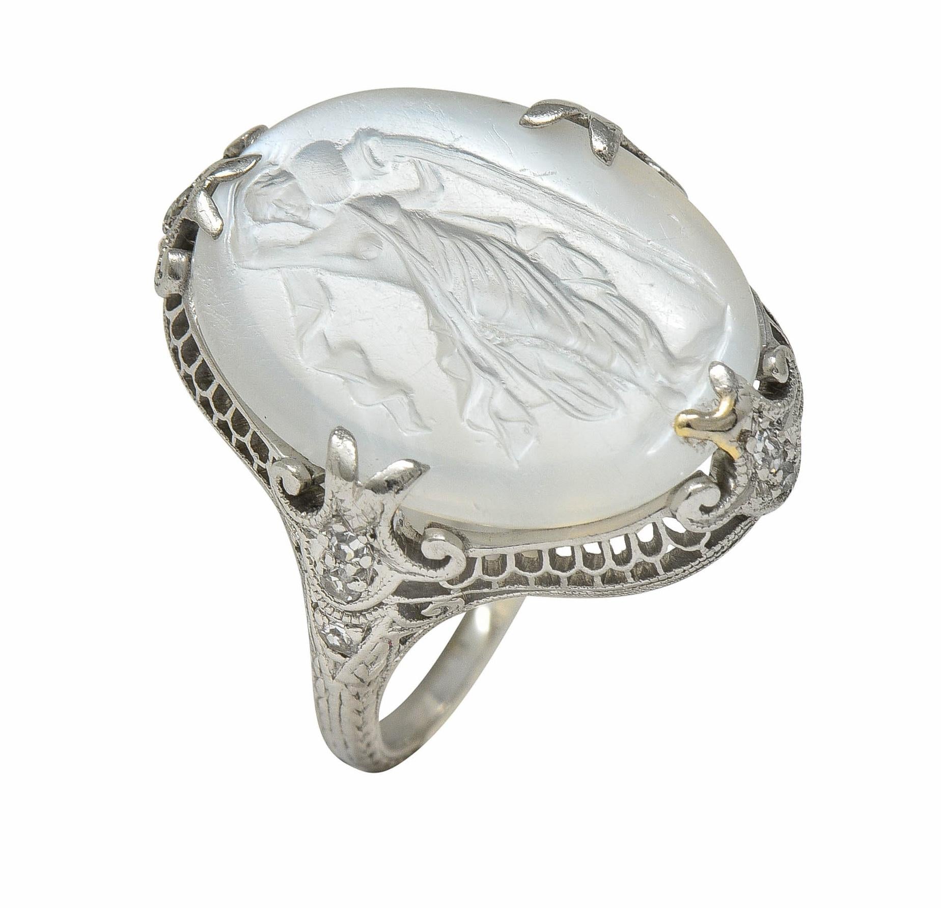 Edwardian Moonstone Diamond Platinum Antique Carved Venus Intaglio Ring