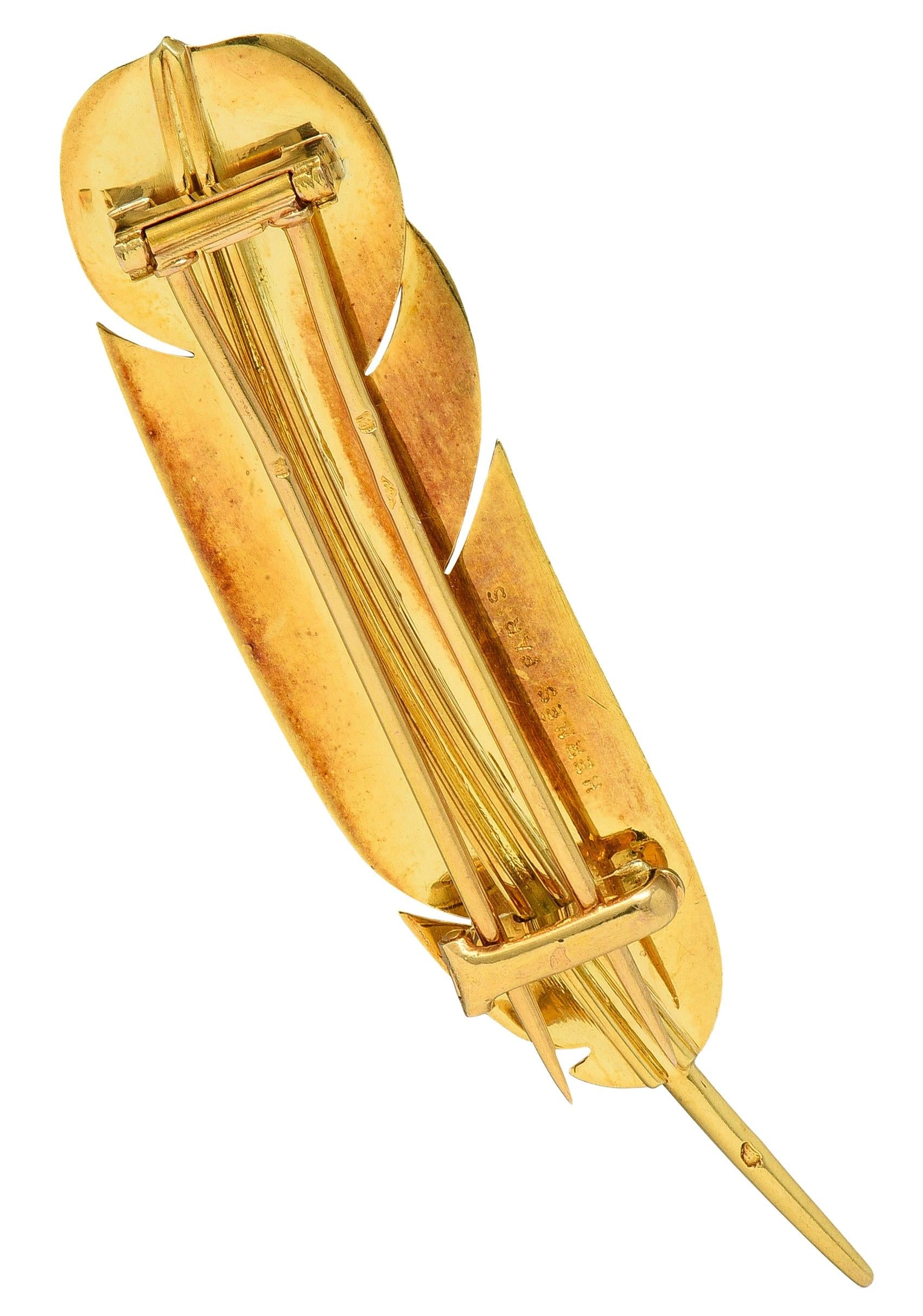 Hermés Georges L'Enfant French 1960's 18K Yellow Gold Vintage Feather Brooch