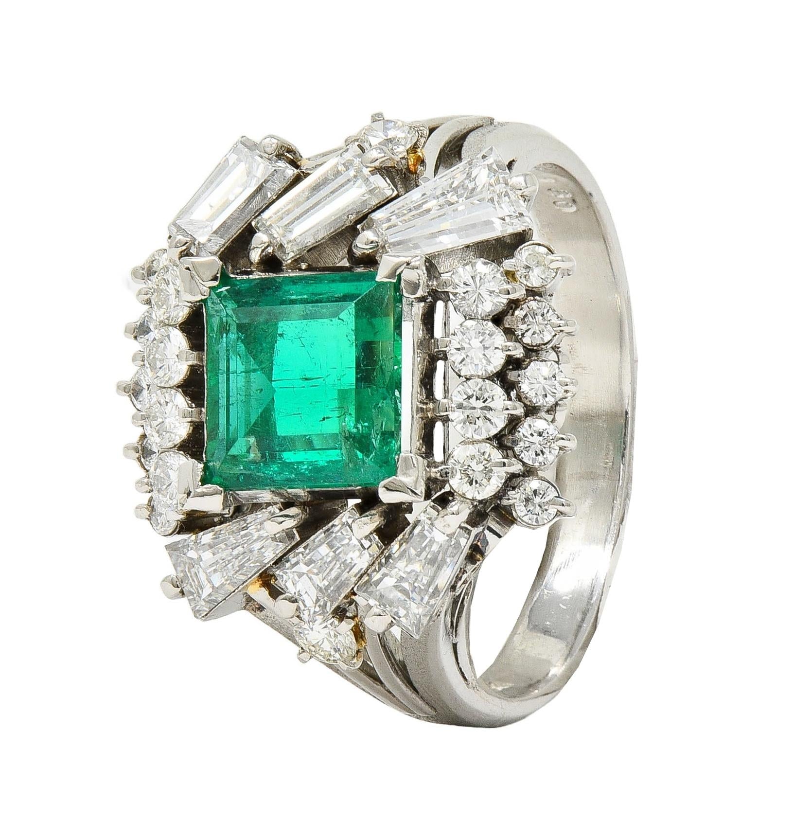 Mid-Century 2.79 CTW Colombian Emerald Diamond Platinum Vintage Cluster Ring GIA