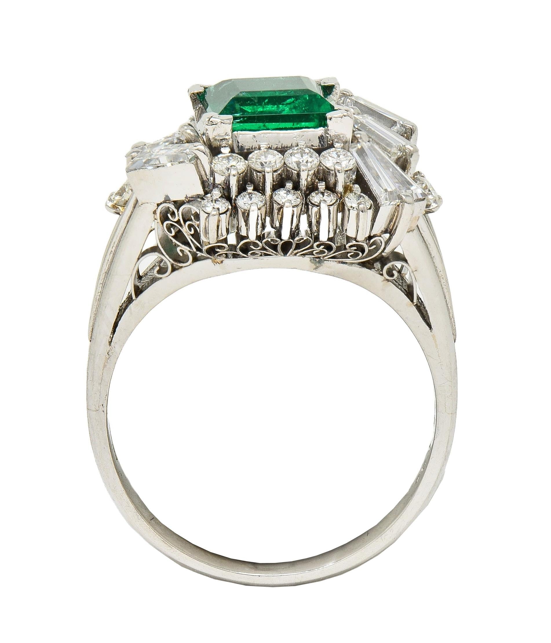 Mid-Century 2.79 CTW Colombian Emerald Diamond Platinum Vintage Cluster Ring GIA