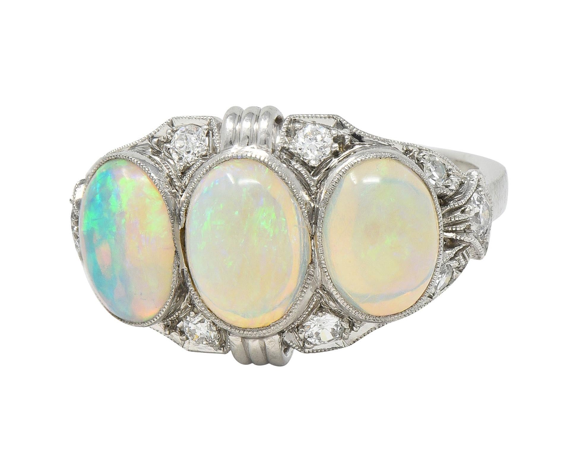 Late Art Deco Opal Cabochon Diamond Platinum Vintage Dinner Band Ring