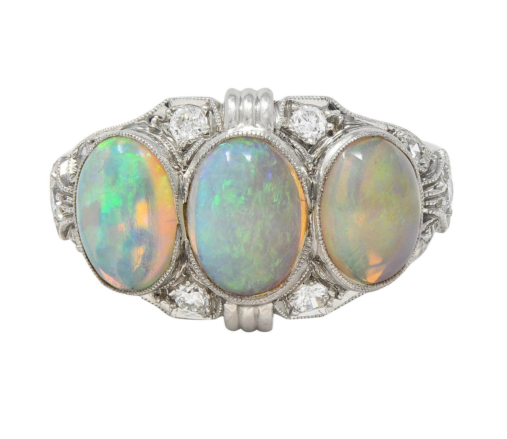 Late Art Deco Opal Cabochon Diamond Platinum Vintage Dinner Band Ring