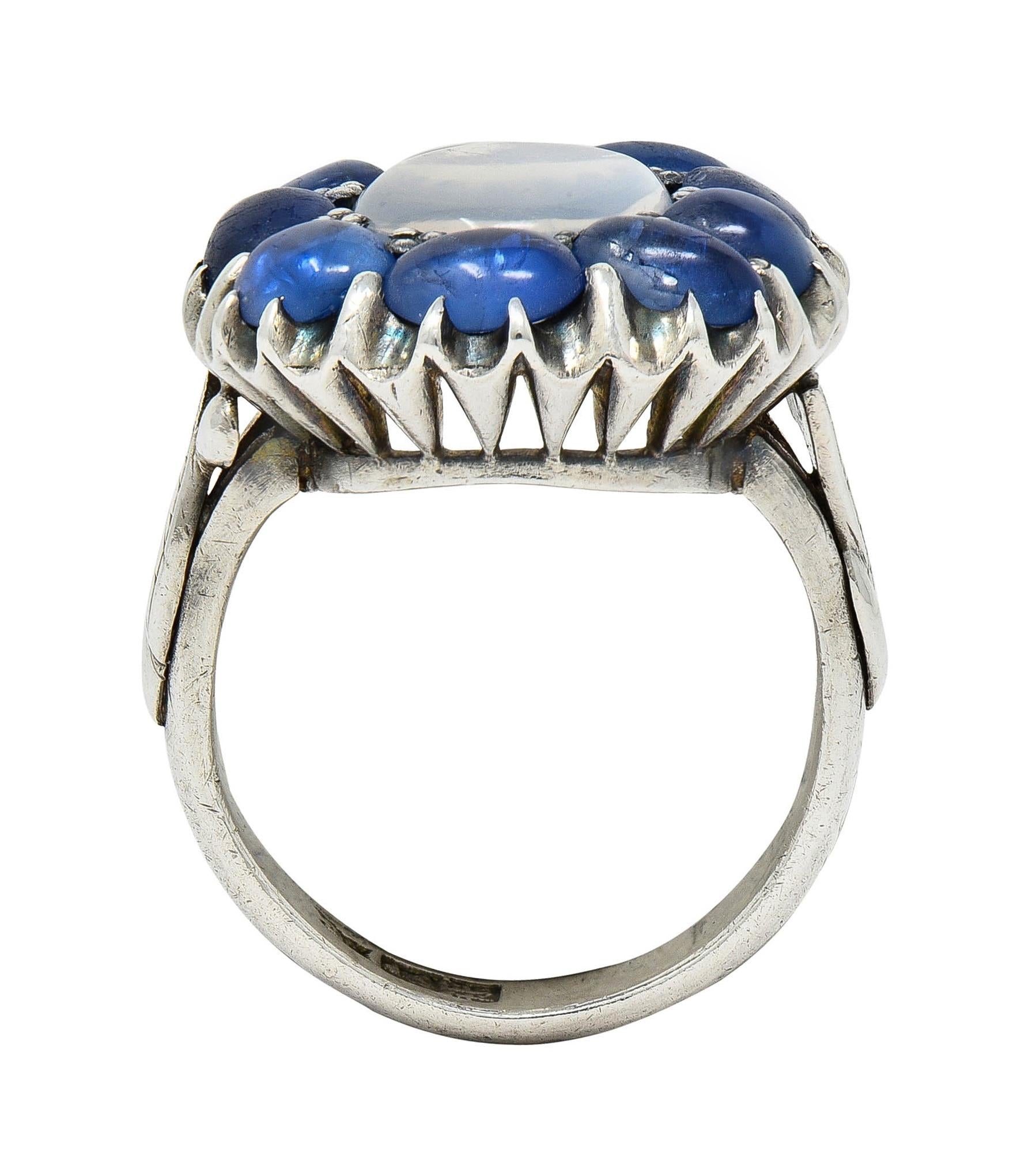 Arts & Crafts 5.85 CTW Sapphire Moonstone Sterling Silver Antique Halo Ring