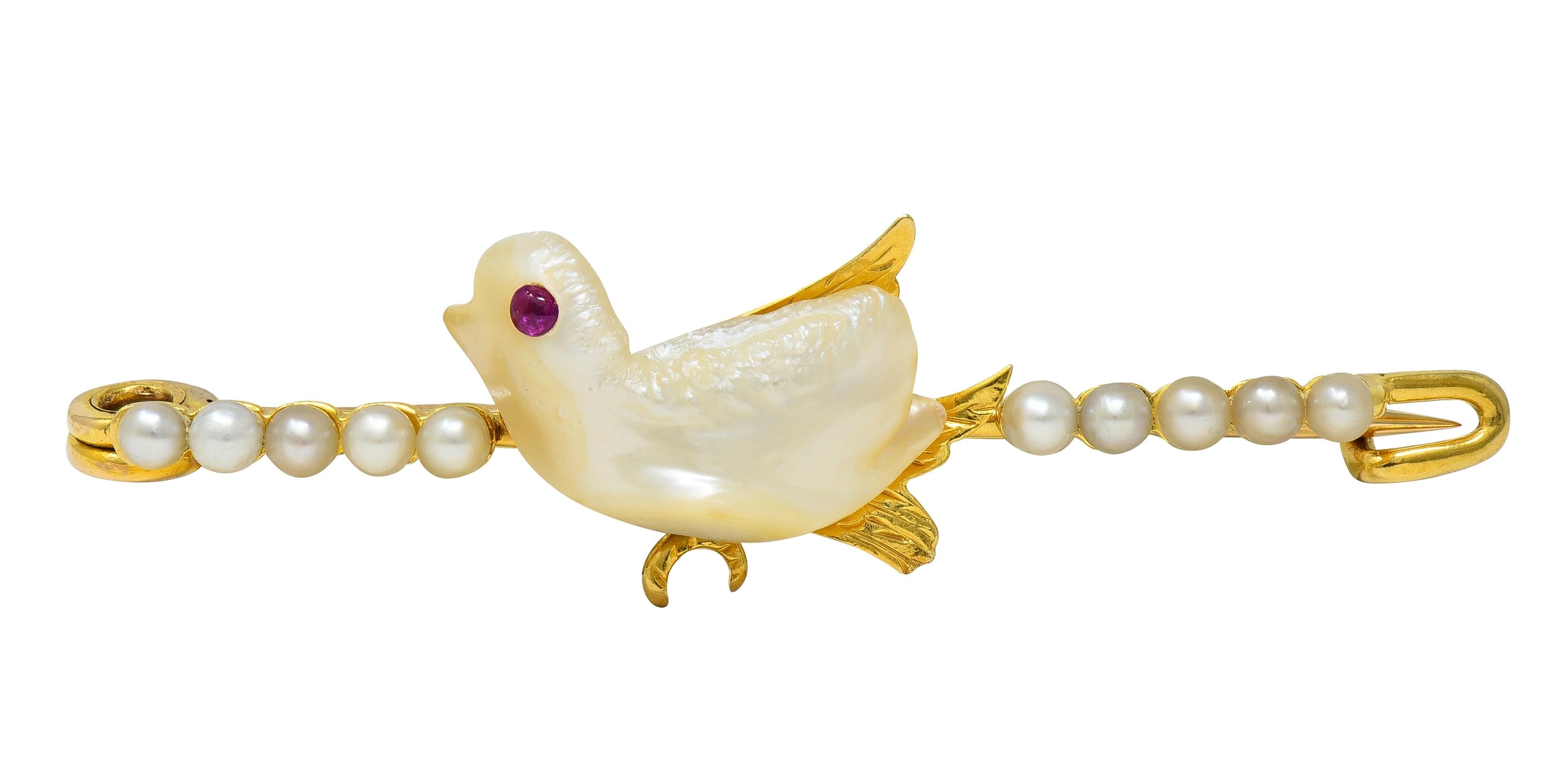 Edwardian Ruby Pearl 15 Karat Yellow Gold Antique Baroque Bird Bar Brooch