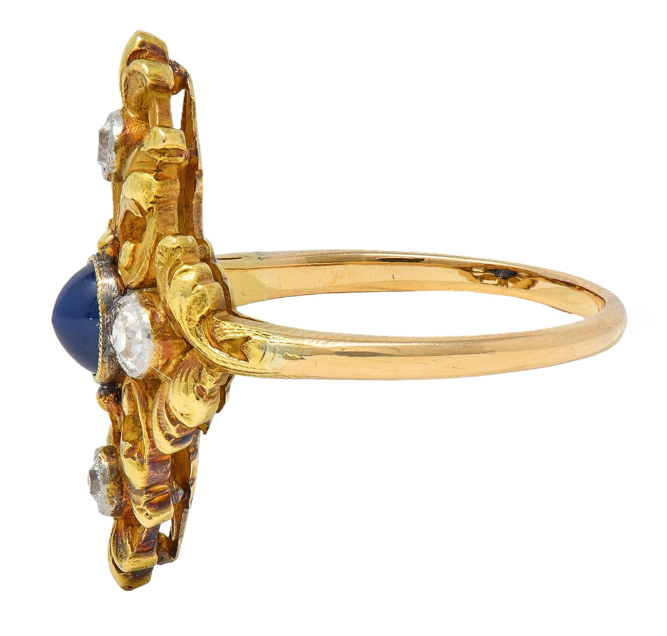 Art Nouveau Sapphire Diamond Platinum 18 Karat Yellow Gold Antique Foliate Ring