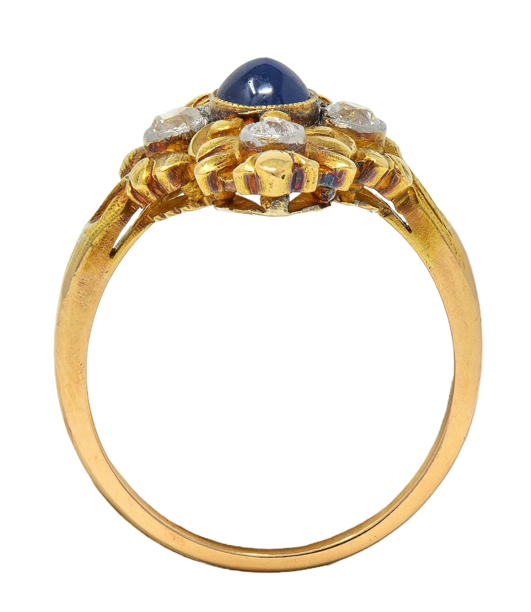 Art Nouveau Sapphire Diamond Platinum 18 Karat Yellow Gold Antique Foliate Ring