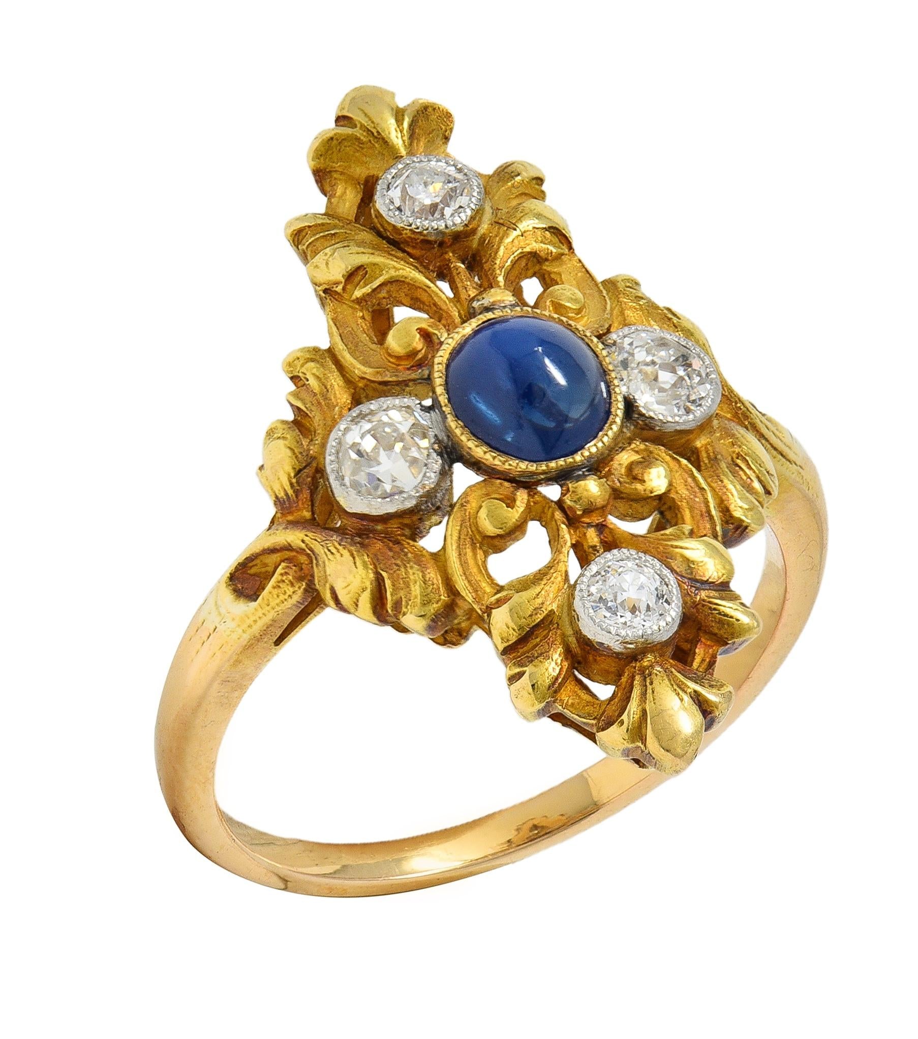 Art Nouveau Sapphire Diamond Platinum 18 Karat Yellow Gold Antique Foliate Ring