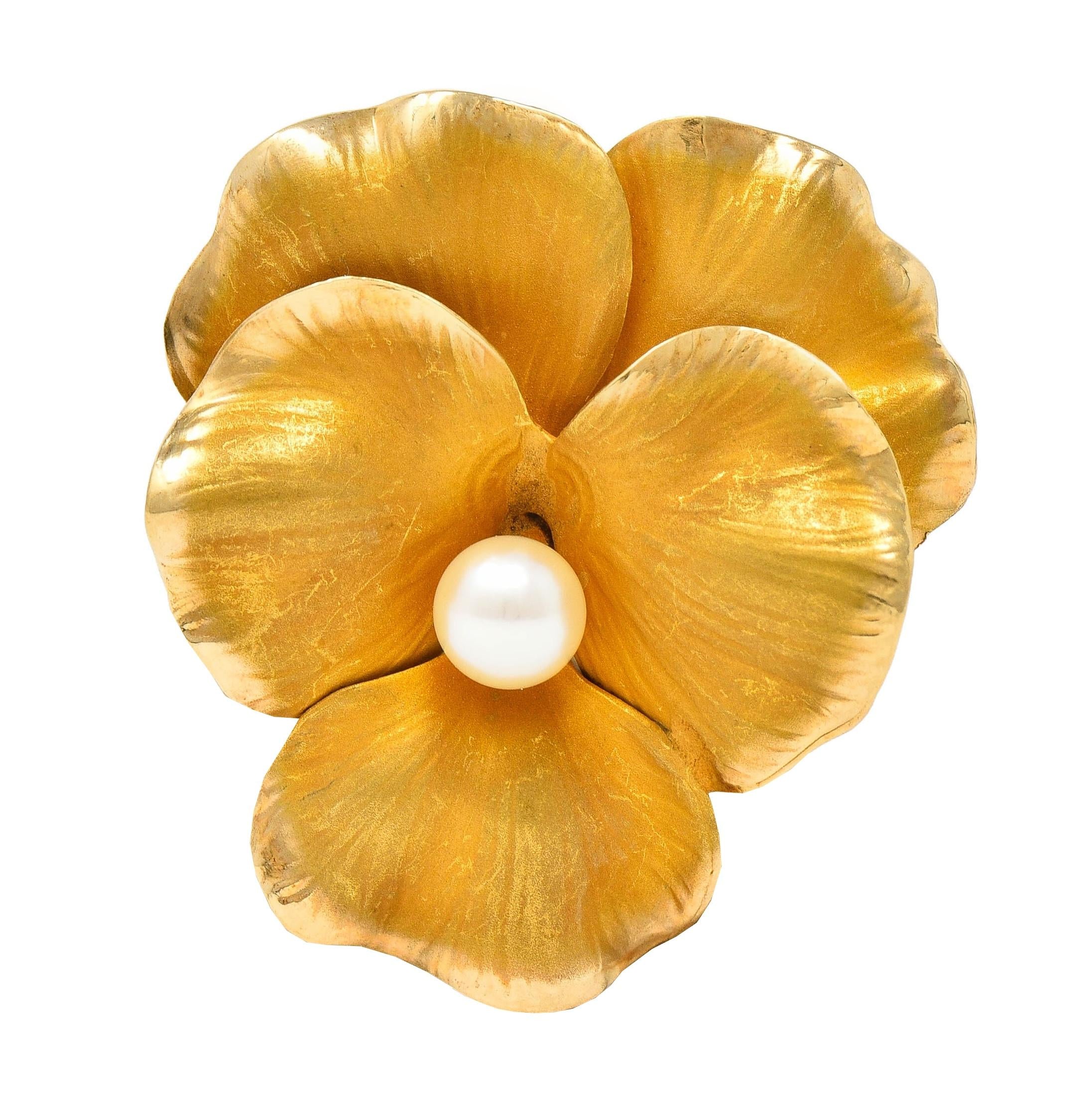 Fisher & Co. Pearl 14 Karat Yellow Gold Vintage Pansy Flower Brooch