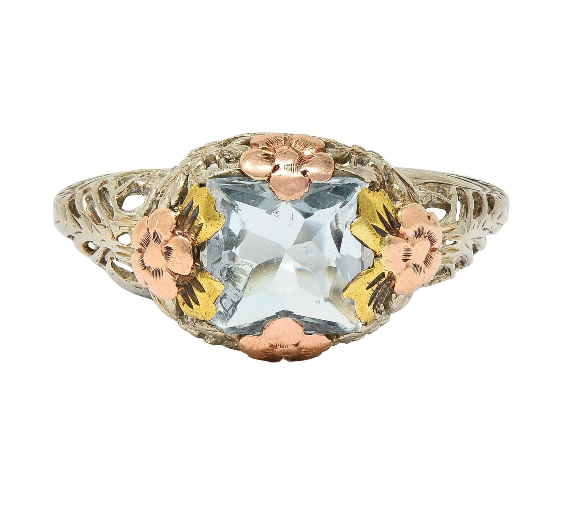 Art Deco 1.20 CTW Aquamarine 14 Karat Tri-Gold Vintage Orange Blossom Ring