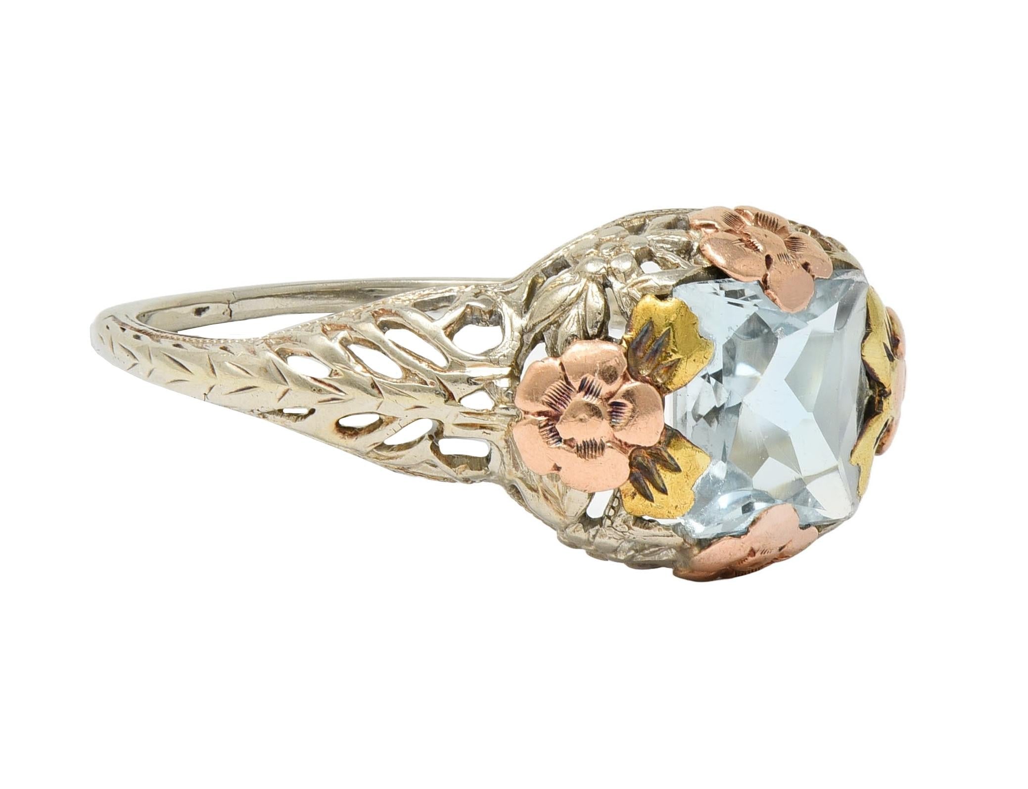 Art Deco 1.20 CTW Aquamarine 14 Karat Tri-Gold Vintage Orange Blossom Ring