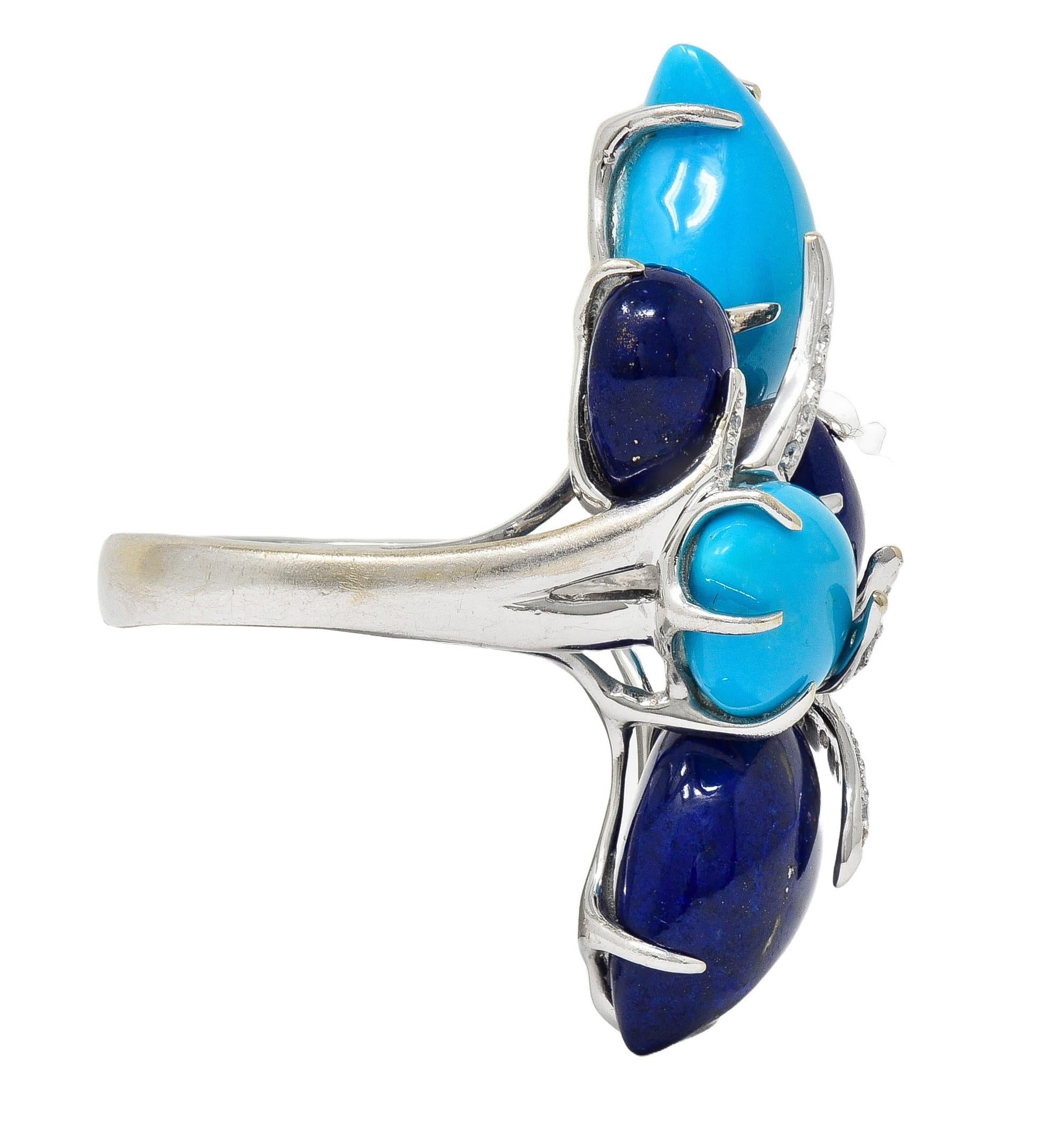 Contemporary Diamond Turquoise Lapis Lazuli 18 Karat White Gold Branch Ring