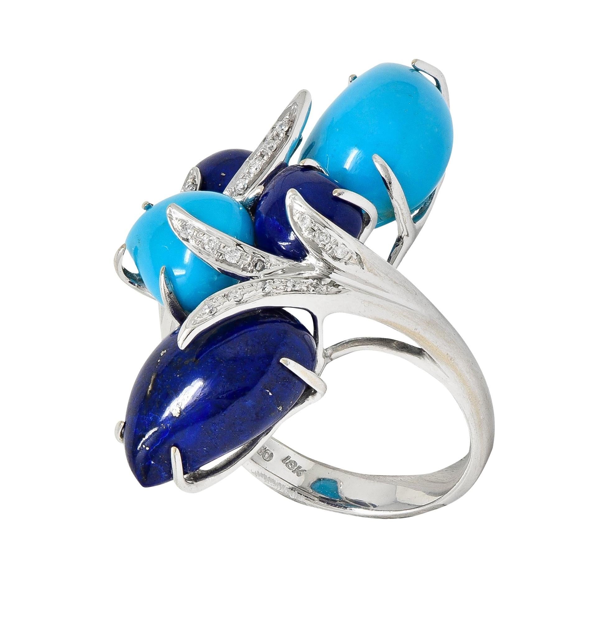 Contemporary Diamond Turquoise Lapis Lazuli 18 Karat White Gold Branch Ring