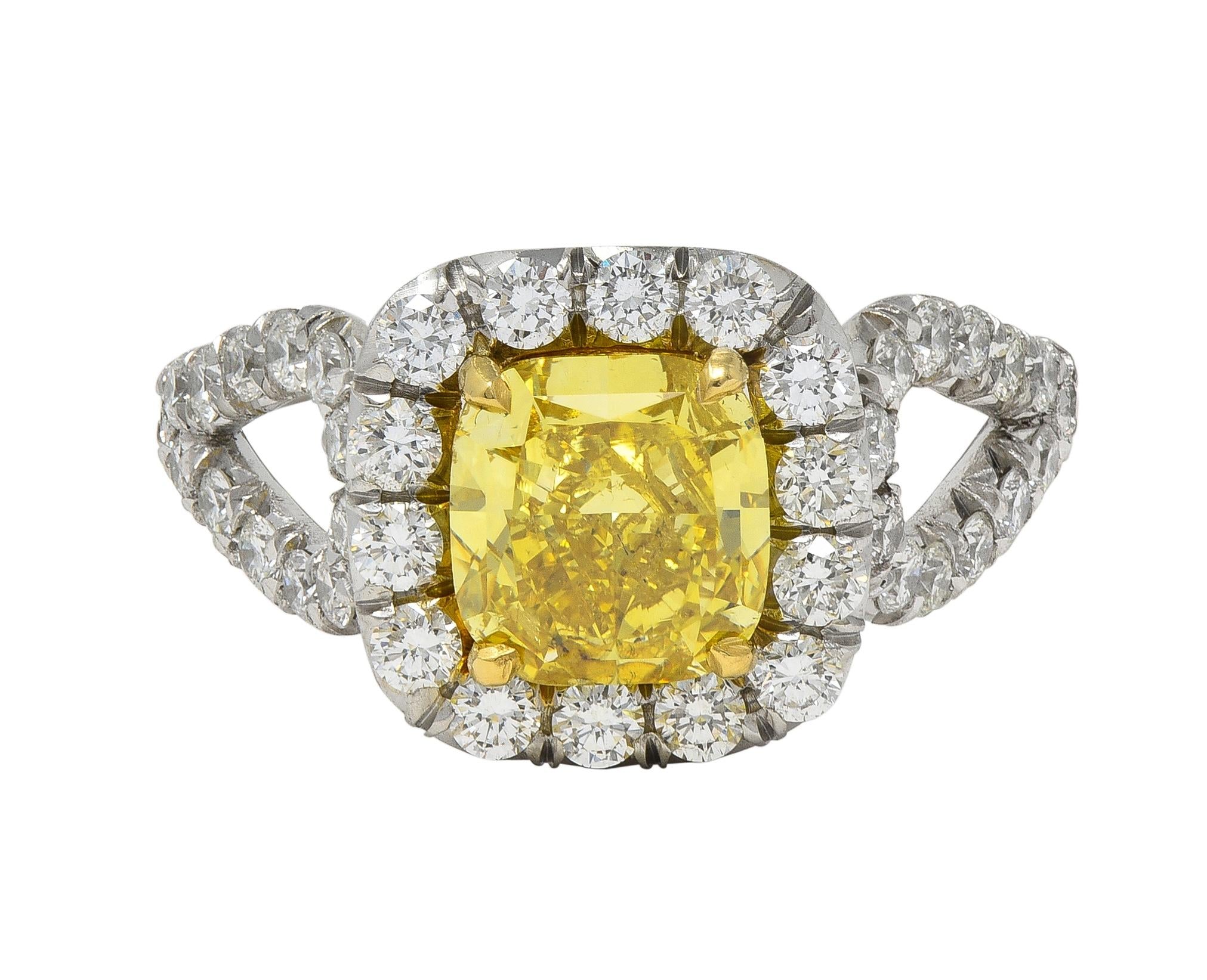 2.79 CTW Fancy Yellow Diamond Platinum 18K Gold Halo Engagement Ring GIA