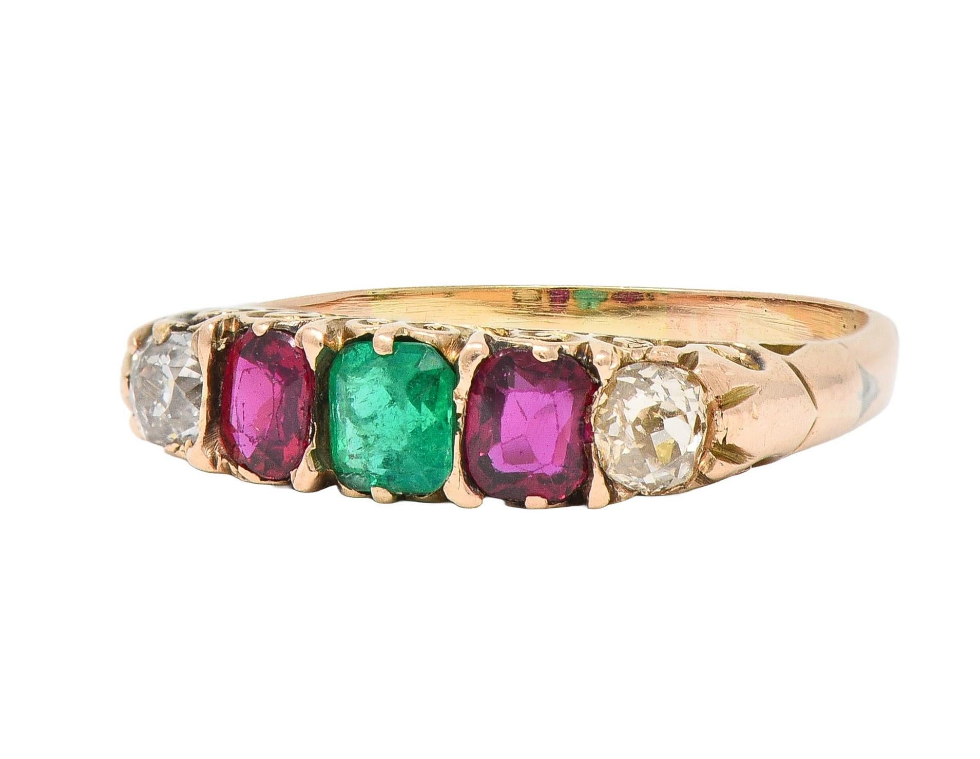 Victorian 1.10 CTW Ruby Emerald Diamond 14 Karat Yellow Gold Antique Band Ring