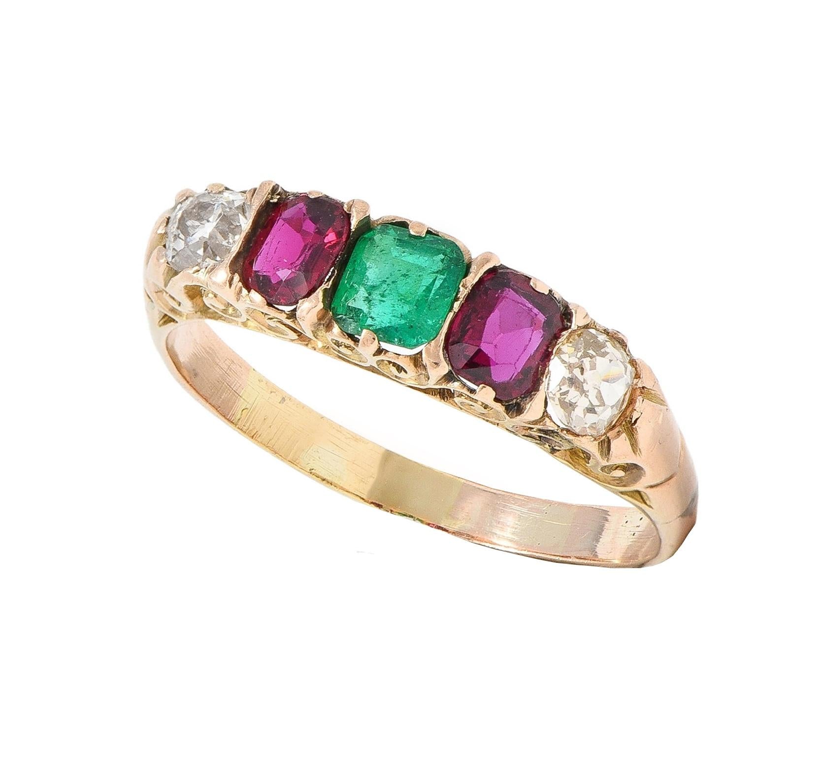 Victorian 1.10 CTW Ruby Emerald Diamond 14 Karat Yellow Gold Antique Band Ring