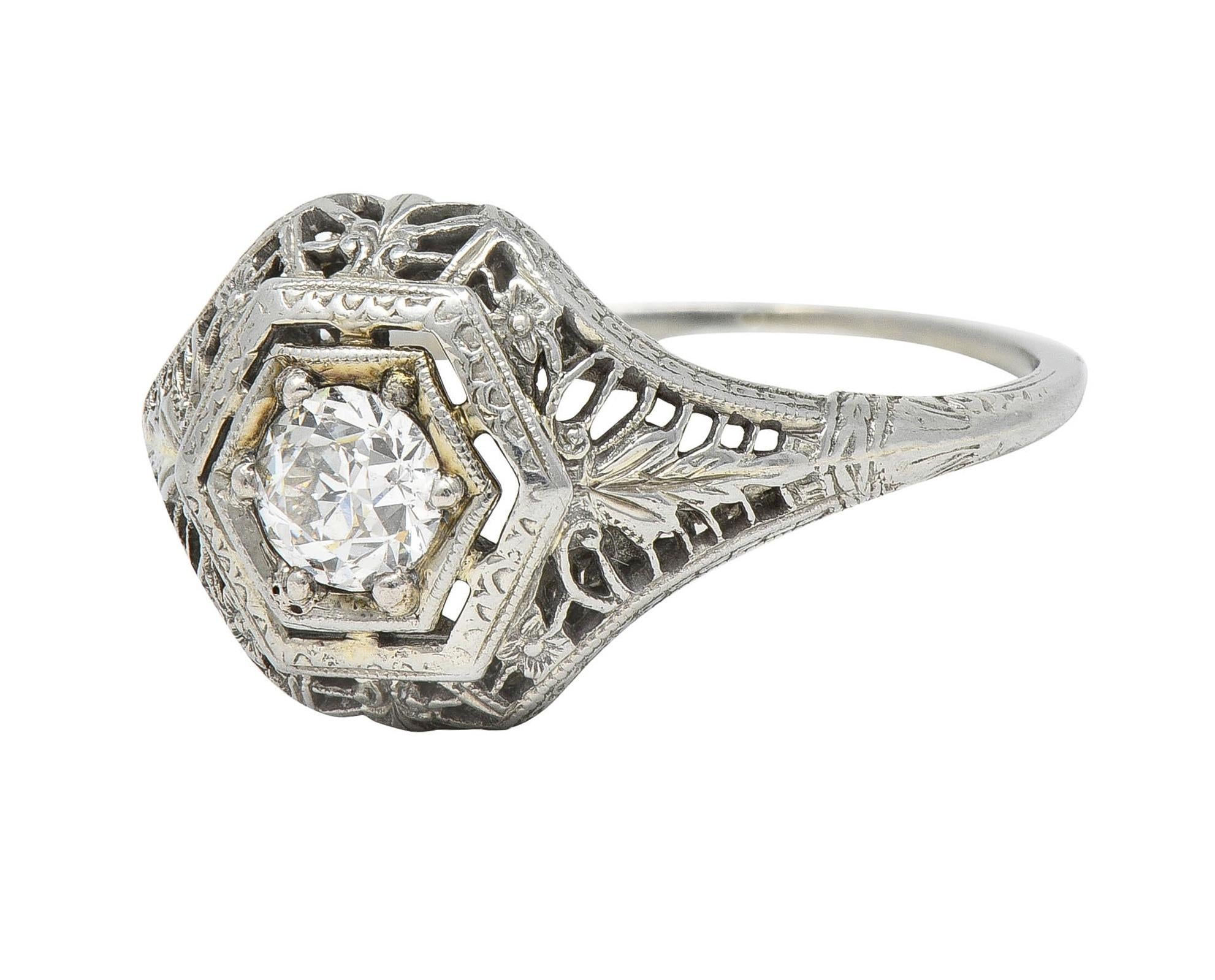 Art Deco Old European Cut Diamond Platinum Floral Vintage Engagement Ring