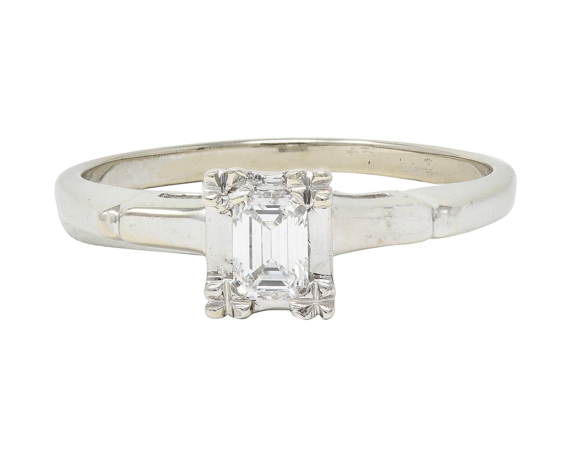 Mid-Century Emerald Cut Diamond Platinum 14K White Gold Vintage Engagement Ring