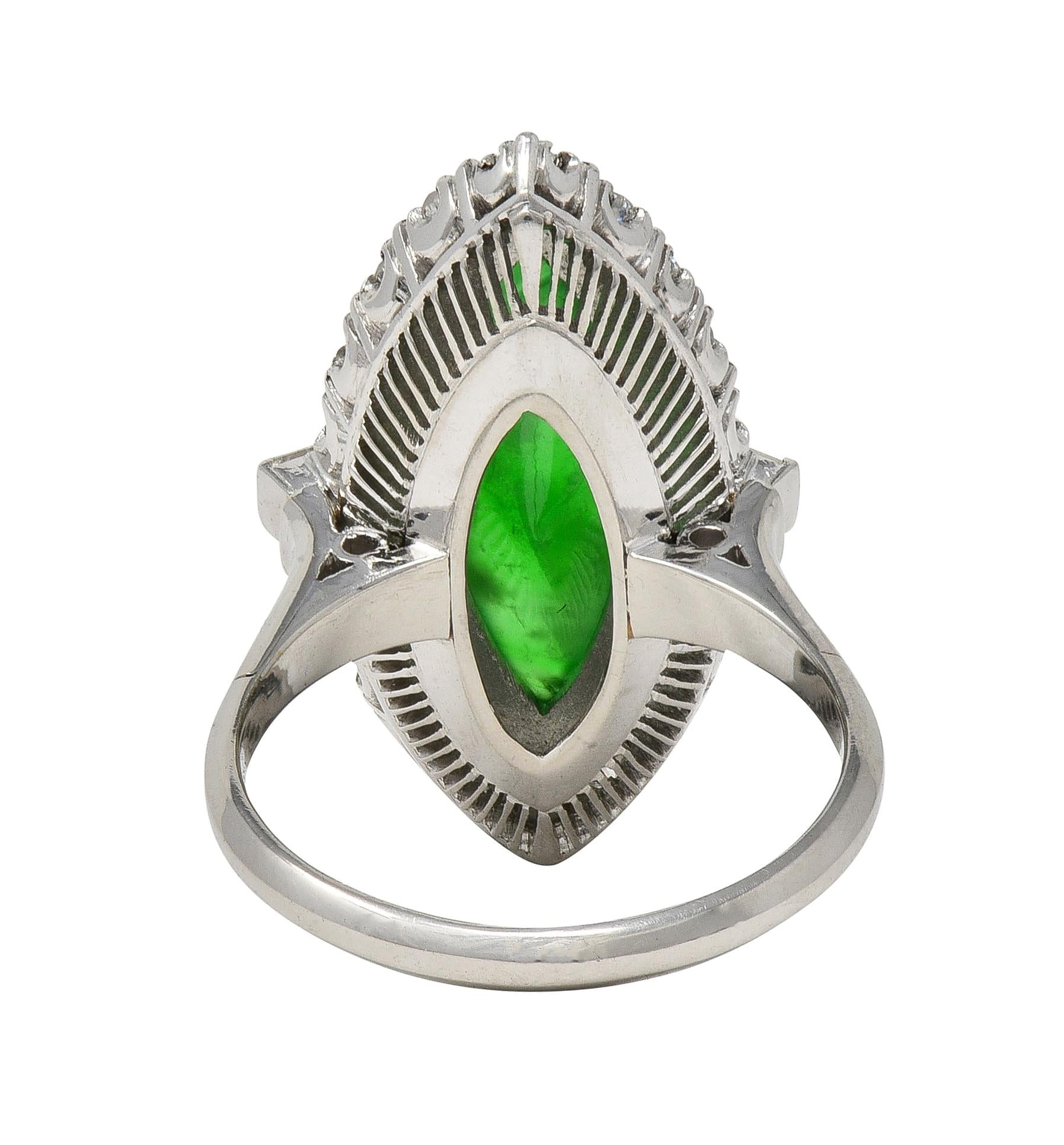 Mid-Century Jade Diamond Platinum Vintage Navette Halo Ring