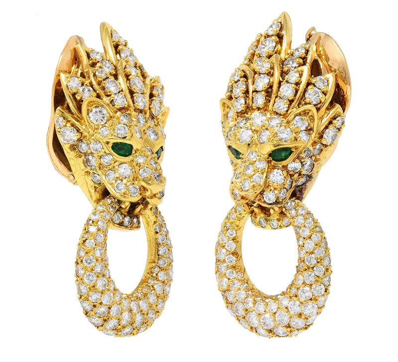 Van Cleef & Arpels L'Enfant Emerald Diamond 18K Gold Lion Door Knocker Earrings