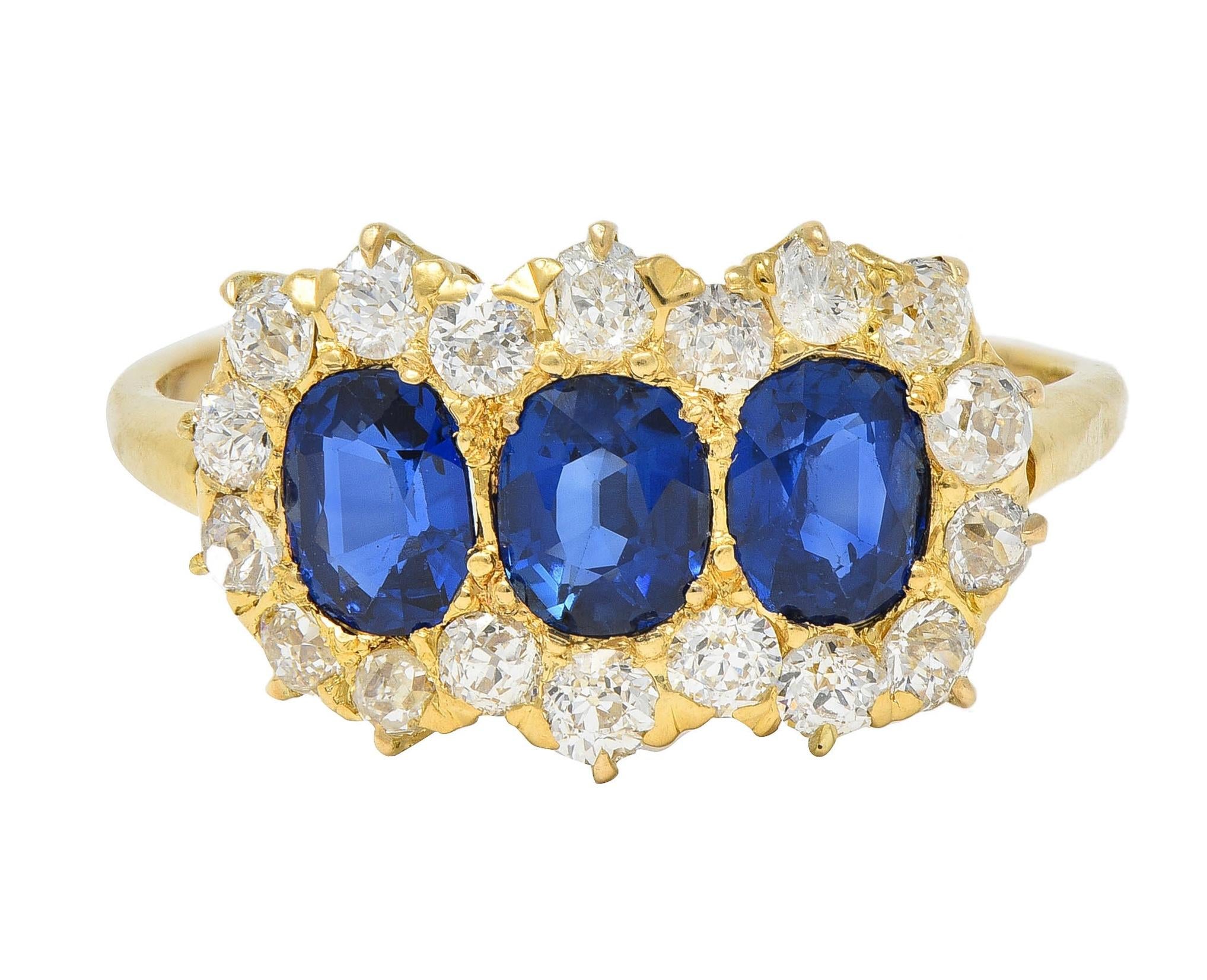 Victorian 2.58 CTW Sapphire Diamond 18K Yellow Gold Antique Cluster Band Ring