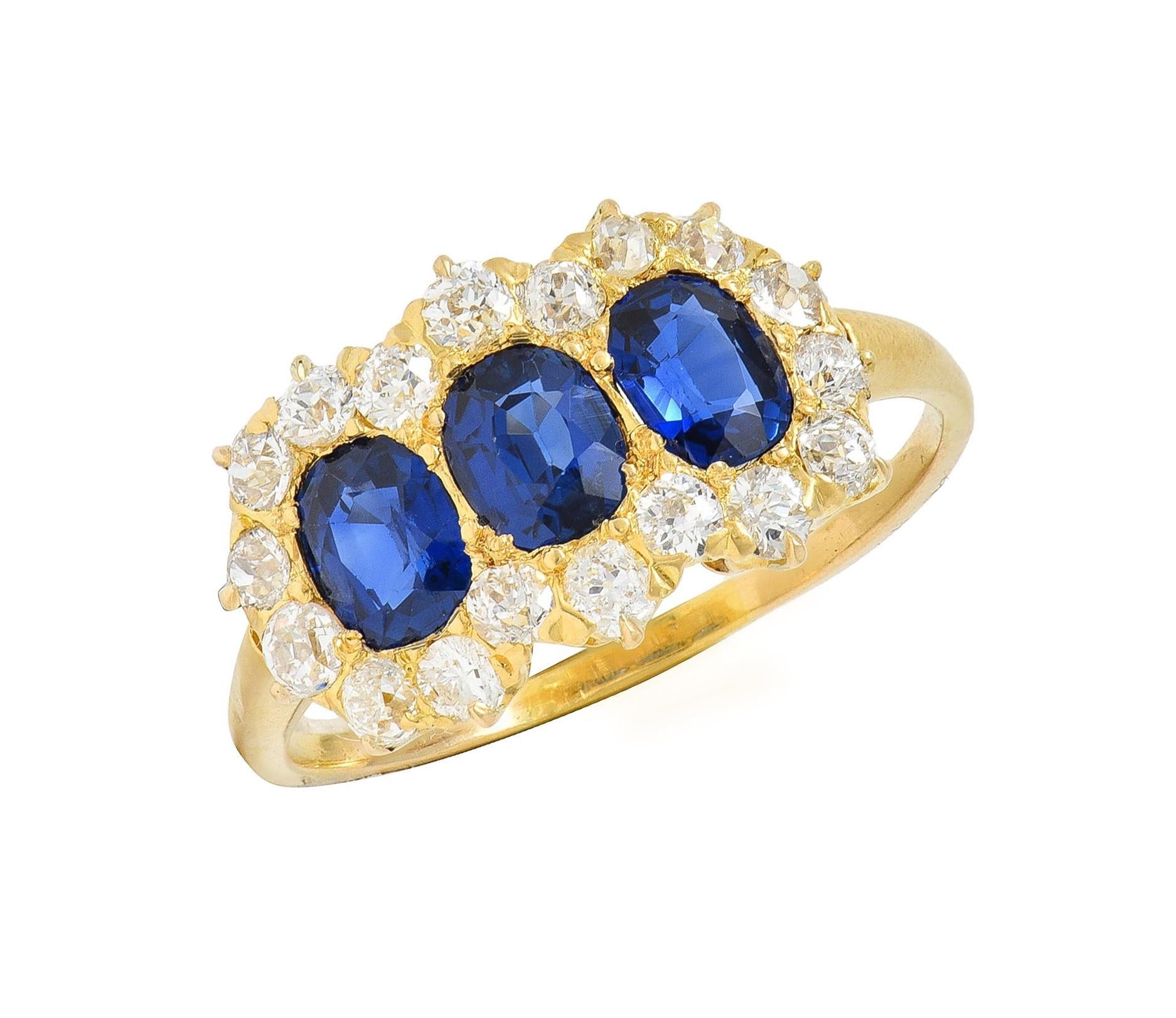 Victorian 2.58 CTW Sapphire Diamond 18K Yellow Gold Antique Cluster Band Ring