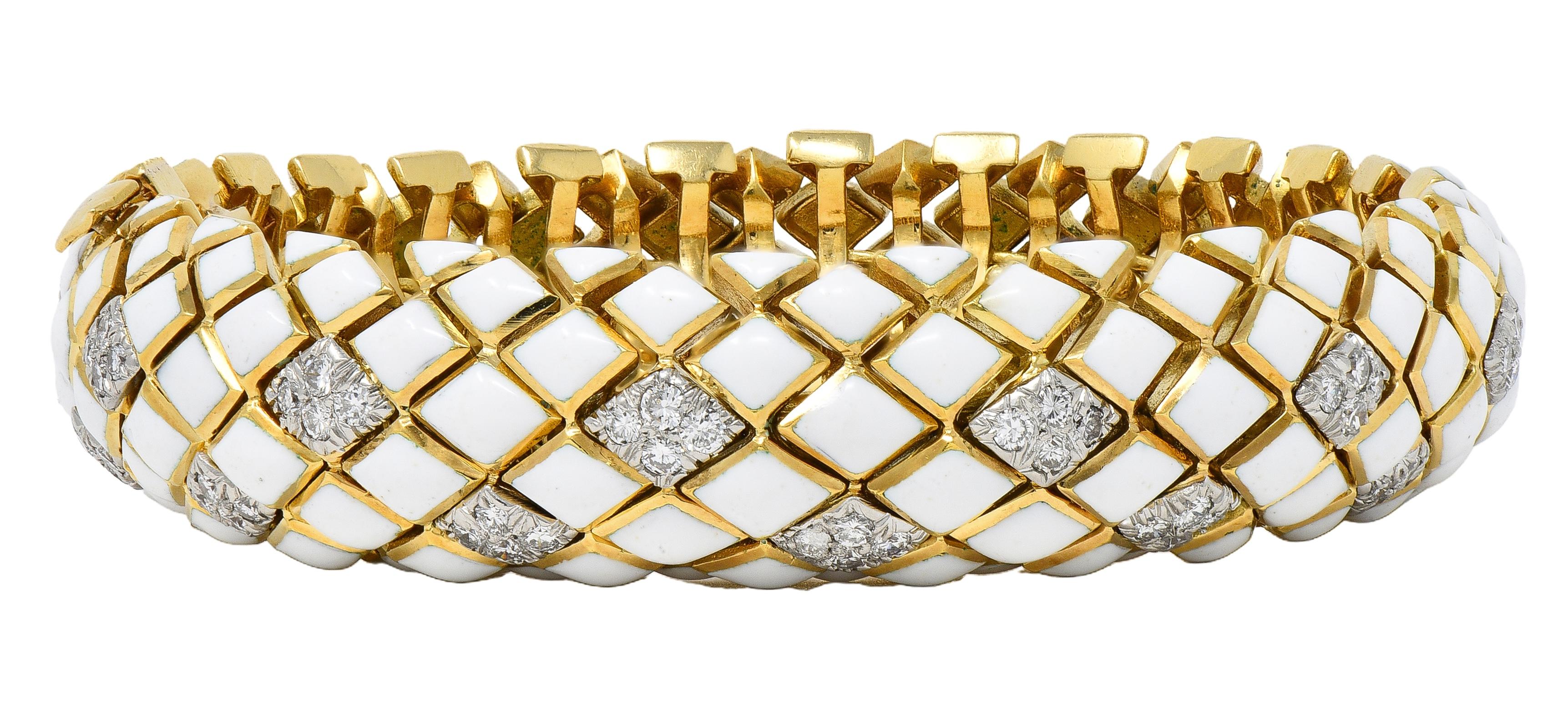 David Webb 1980's Diamond Enamel Platinum 18K Yellow Gold Harlequin Bracelet