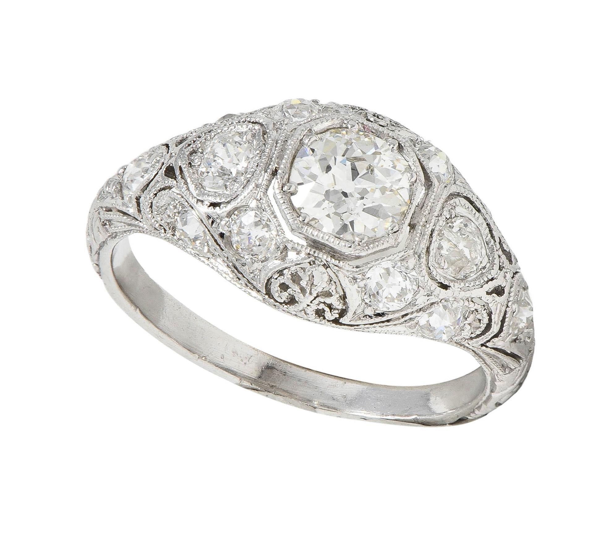 Art Deco 1.50 CTW Old European Diamond Platinum Foliate Vintage Engagement Ring