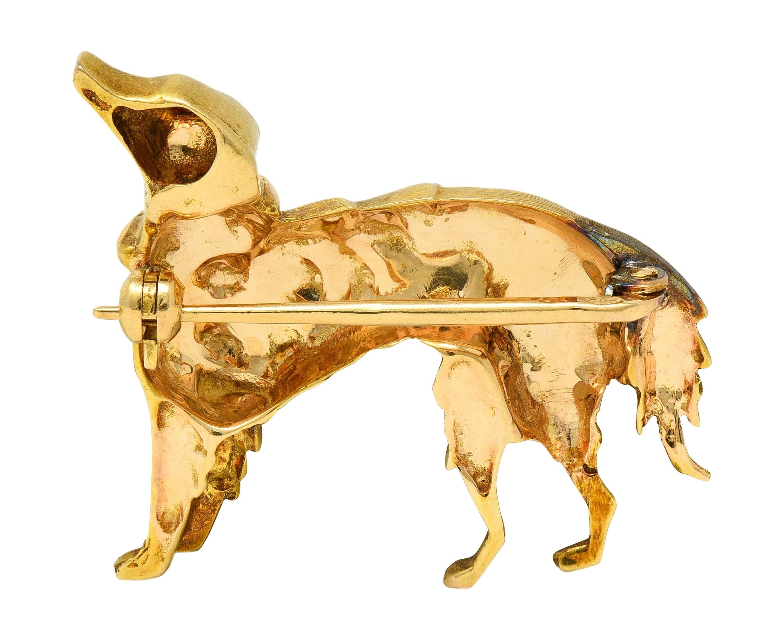 1960's Ruby 18 Karat Yellow Gold Vintage Setter Dog Brooch