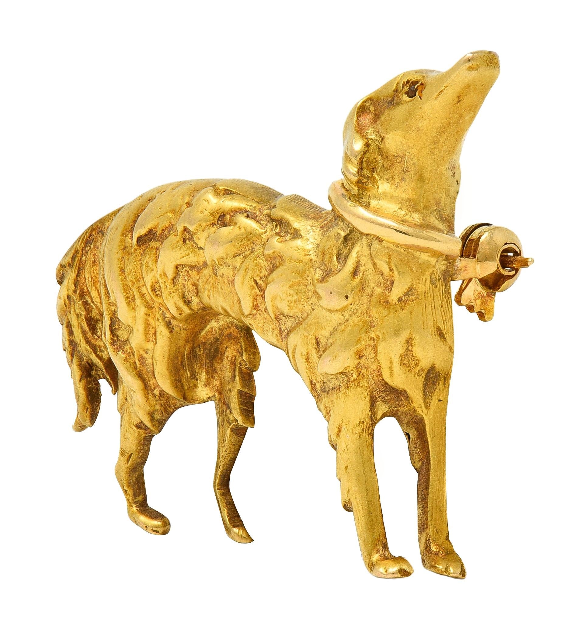 1960's Ruby 18 Karat Yellow Gold Vintage Setter Dog Brooch